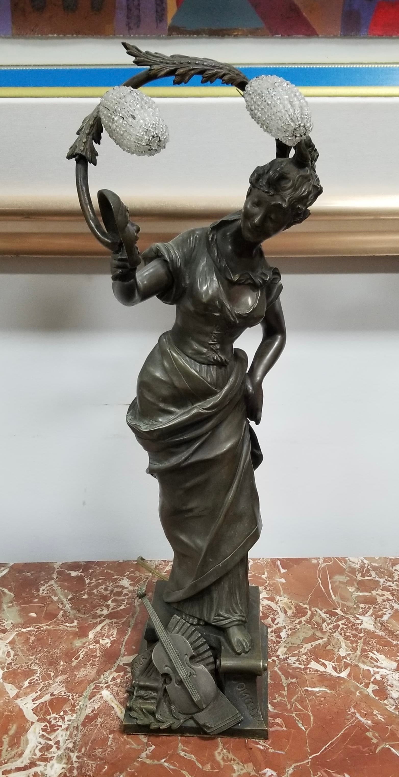 Amazing Antique Signed Comoedia Program Lady Bronze Sculpture: Beautiful antique signed Comoedia Program lady bronze sculpture. 24 x 8 x 5 1/2 inches.