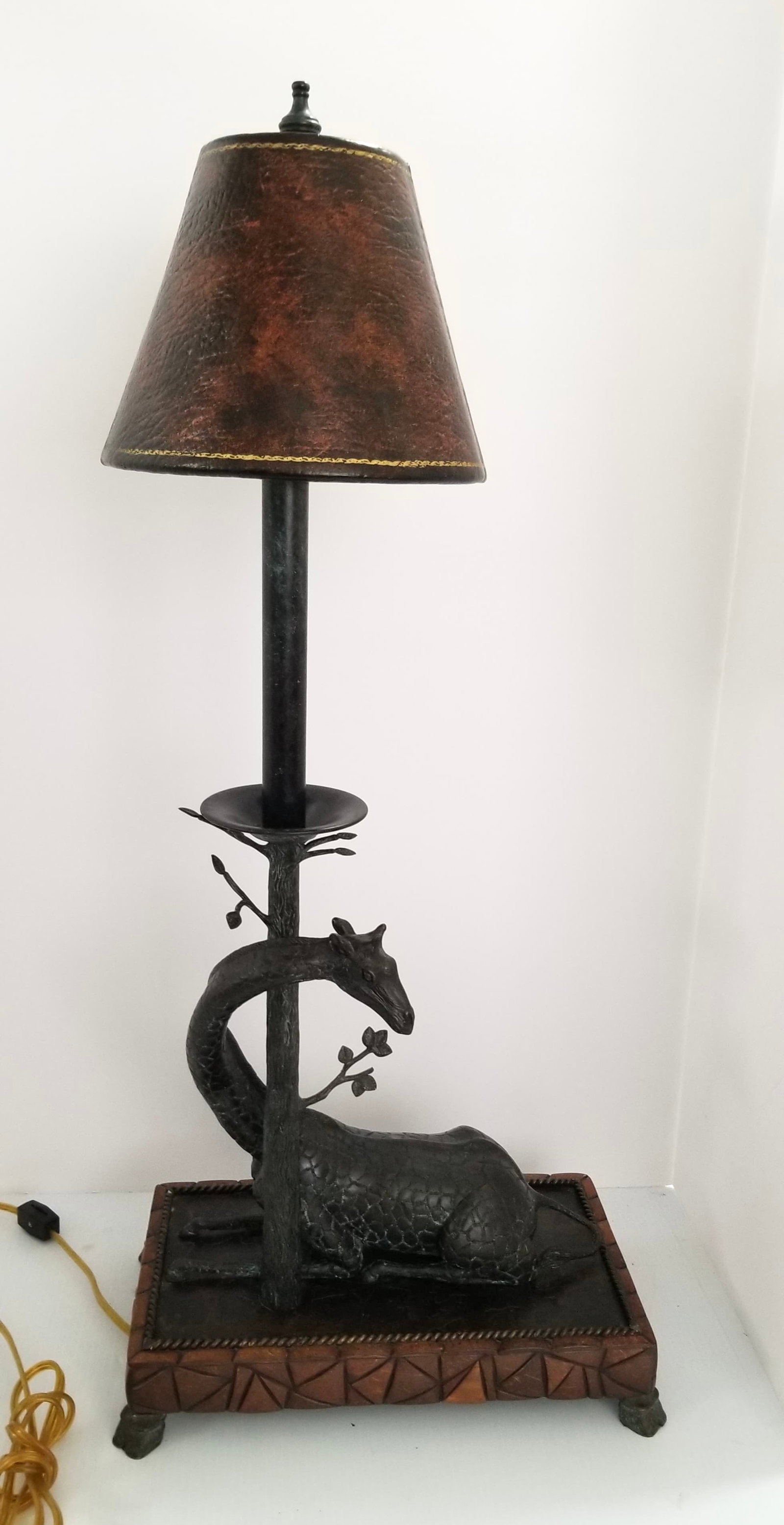 Amazing Maitland Smith Bronze Giraffe Table Lamp: Beautiful Maitland Smith bronze giraffe table lamp, leather shade. 30 x 14 x 8 inches.