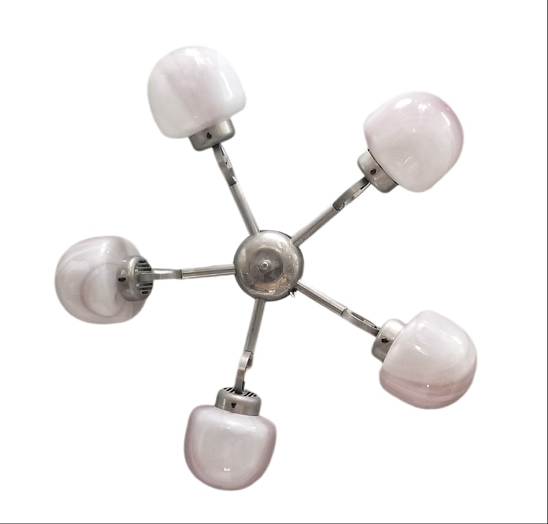 Amazing Bauhaus Deckenlampe Silver 5 Lights Chandelier: Beautiful Bauhaus Deckenlampe silver 5 bomb lights chandelier, clear and purple, ceiling chandelier. 34 inches round x 6 inches. Small oxidation for years created.