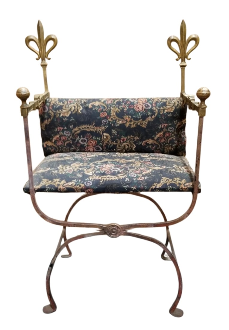 Amazing Vtg Italian Iron & Bronze Savonarola Chair: Beautiful vintage Italian iron and bronze Savonarola chair, Baroque style, old upholstery. 38 inches high, 25 inches long, 16 inches wide.