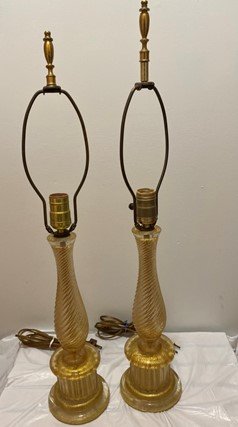 Vintage Pair of Murano Gold Inclusion Hand Blown Table: Vintage Pair of Murano Gold Inclusion Hand Blown Table Lamps. These lamps measure 13 5/8” from base to the bottom of the socket and approximately 27” from the base to the very top of finial for th