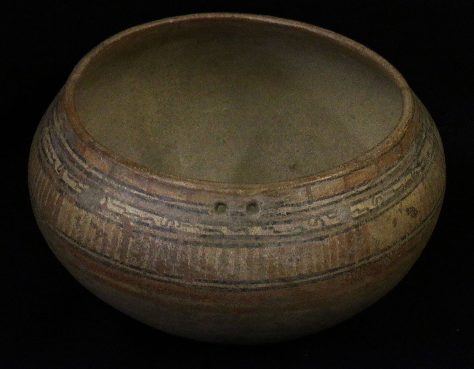 Mayan Decorated Clay Bowl: Mayan Decorated Clay Bowl with two suspension holes, 9" diameter.