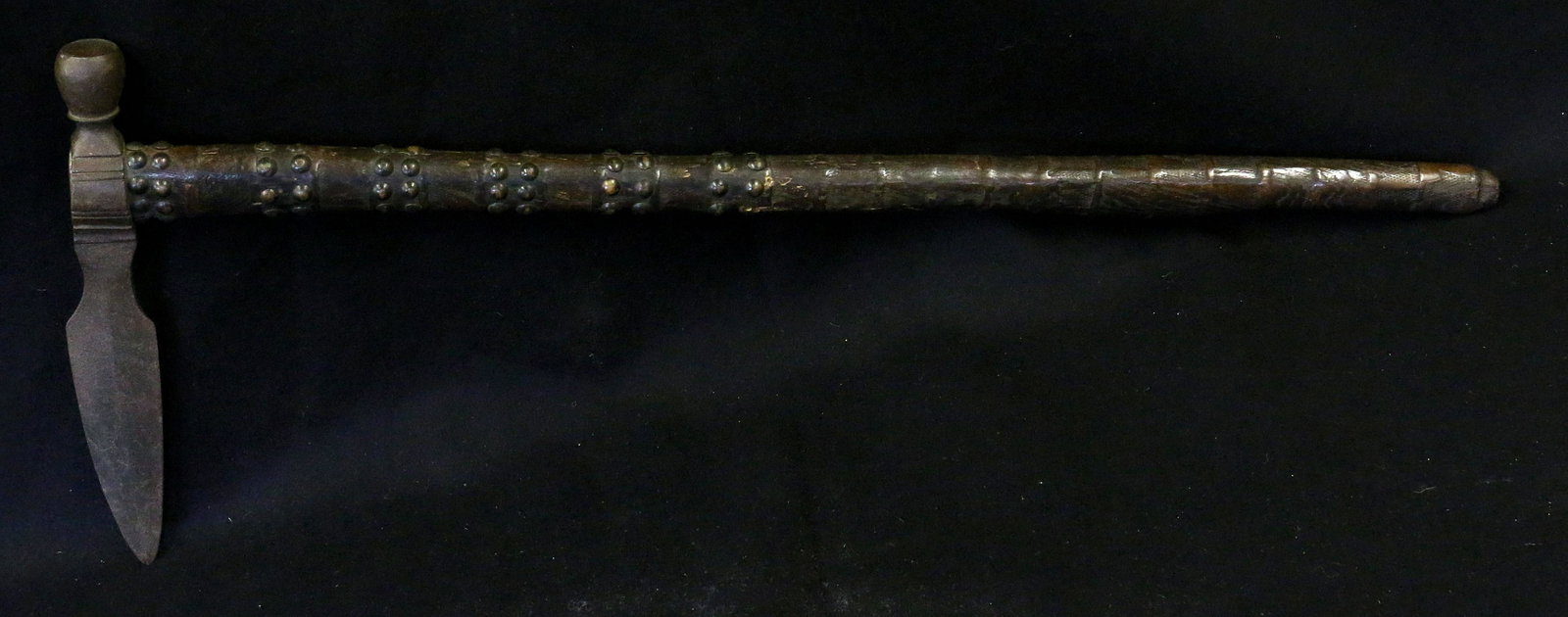 File Branded Pipe Tomahawk: Pipe Tomahawk with medial blade, file branded and tack decorated handle, 26.5" long.