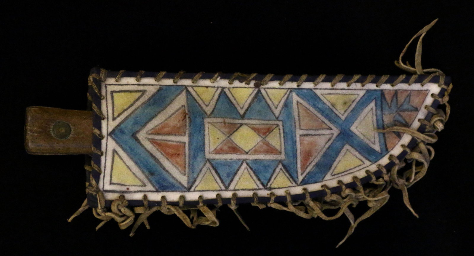 Parfleche Knife Sheath with Knife: Parfleche Knife Sheath with Knife, 10.25" long, leather sewn.