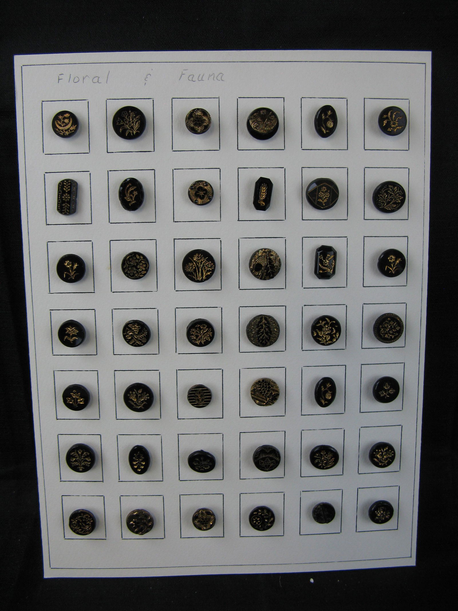 Vintage Buttons - Black Glass -Floral & Fauna - Gold: Vintage Buttons - Black Glass -Floral & Fauna - Gold, 42 total.