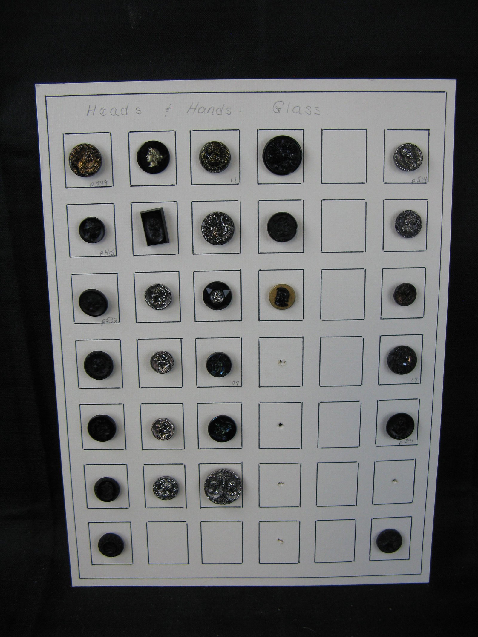 Vintage Buttons - Black Glass - Heads & Hands: Vintage Buttons - Black Glass - Heads & Hands, 28 Total.