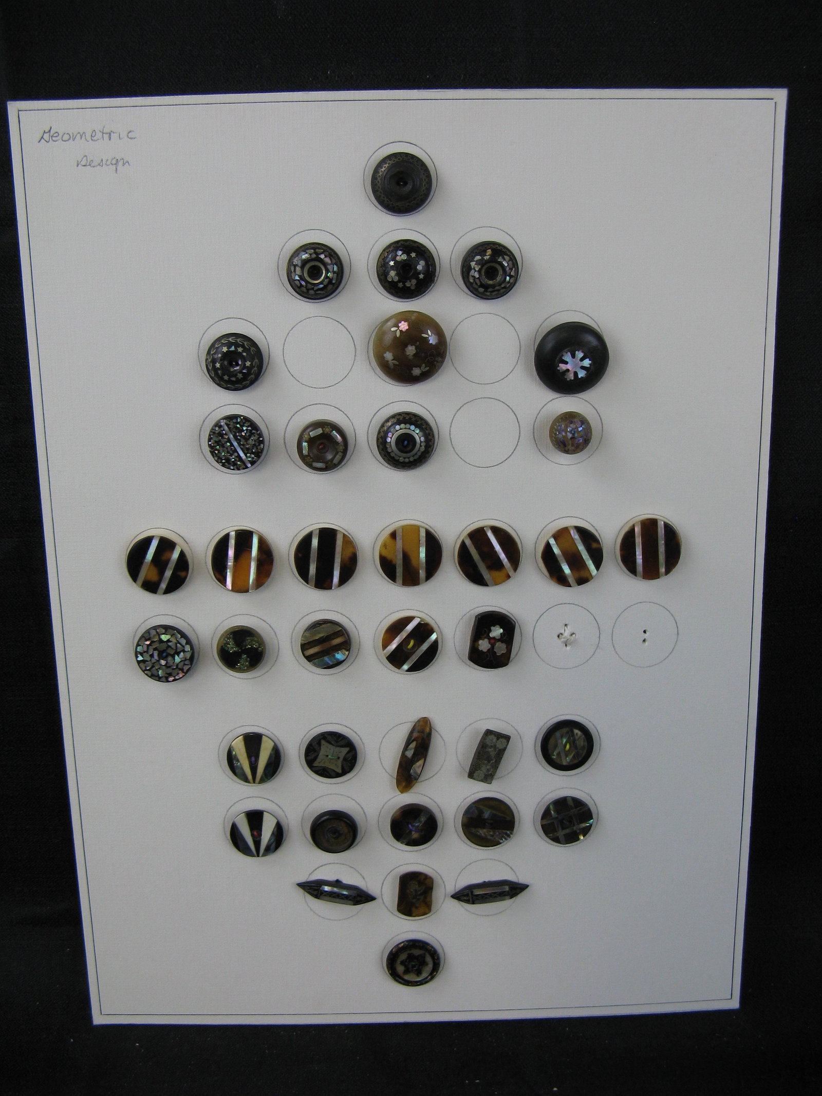 Vintage Buttons - Pressed or Inlaid Horn or: Vintage Buttons - Pressed or Inlaid Horn or Compositions, 1 set of 8, 37 total.