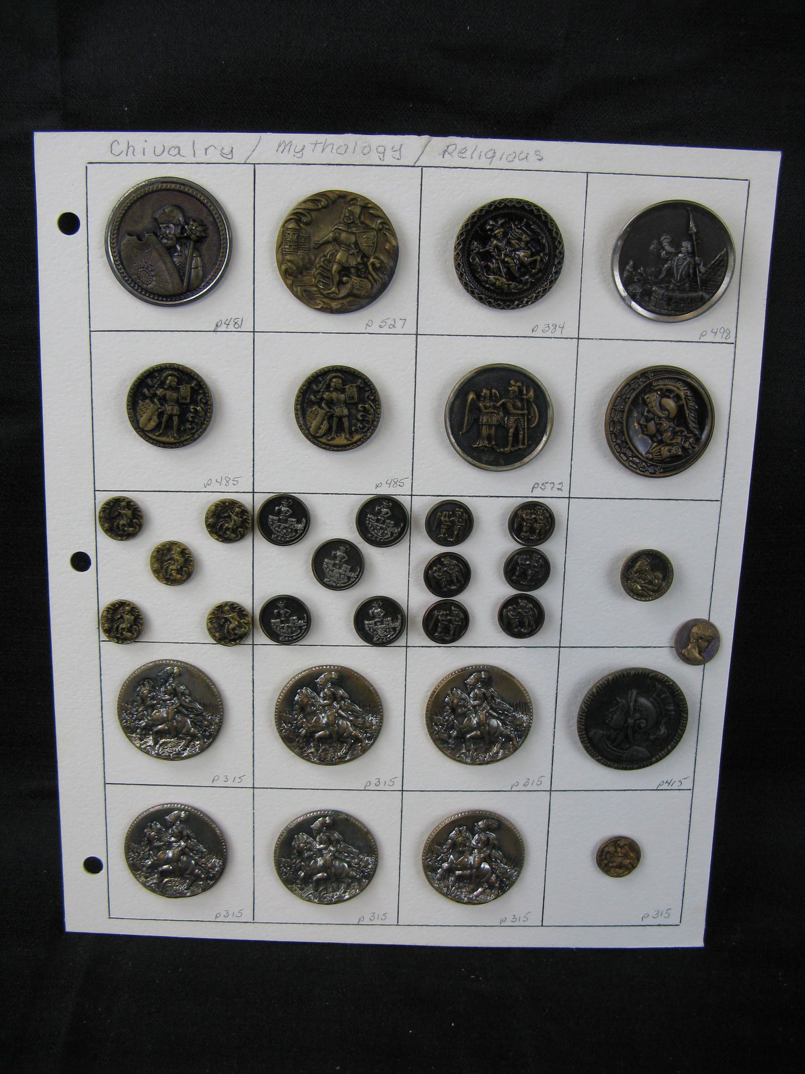 Vintage Buttons - Chivalry - Mythology - Religious: Vintage Buttons - Chivalry - Mythology - Religious Themes, various sizes - Examples: 6 large Where My White Plume Leads ; Charlamagne and the Warning Angels ; Hermes of Praxiteles ; Arrival of Lohengr