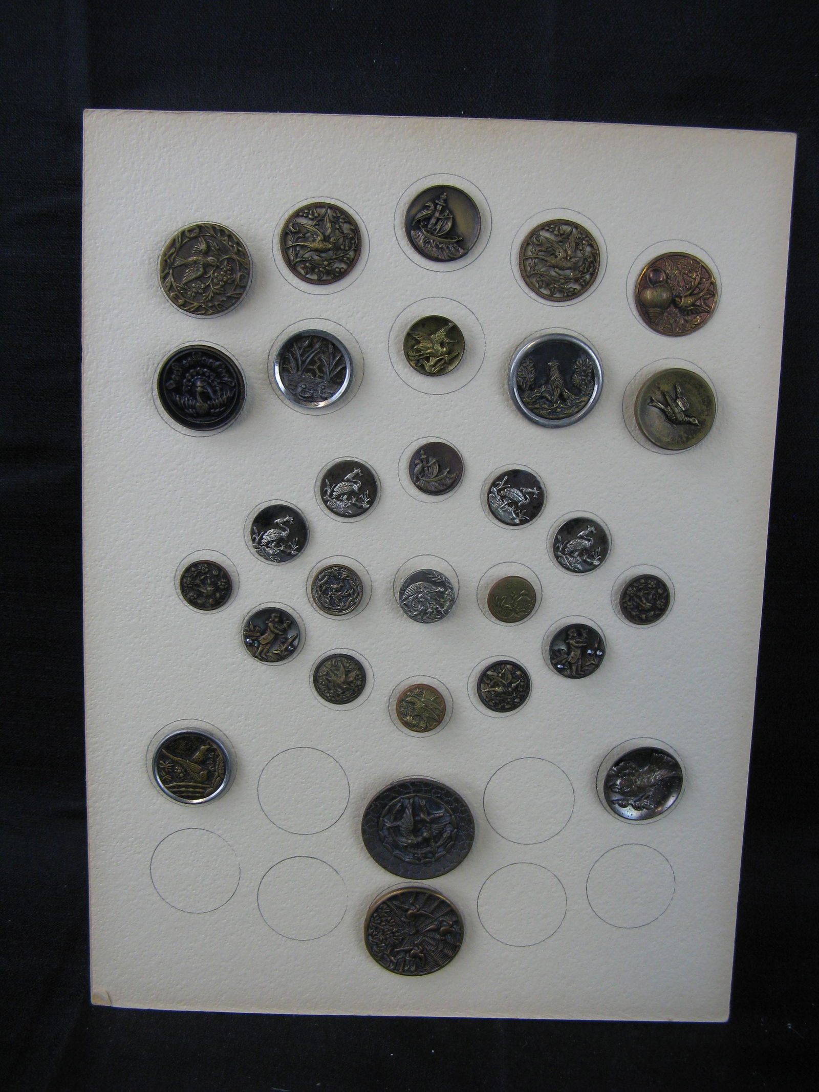 Vintage Metal Buttons - Birds: Vintage metal Buttons - Birds - various construction, 2 large ; 11 medium ; 16 small - 4 are duplicates.