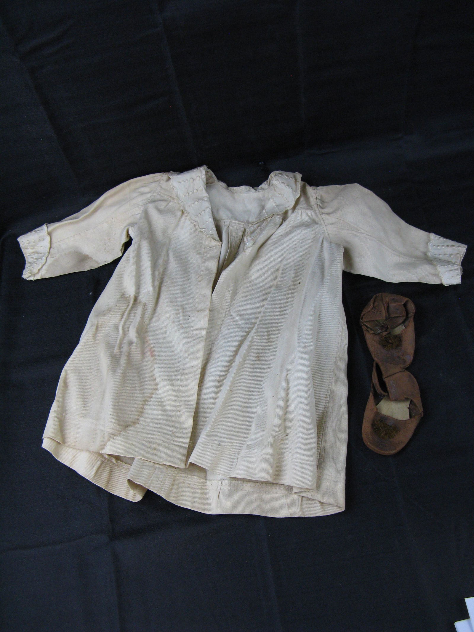 Early Baby's Coat and Baby Shoes, c1800's: Early Baby's Coat and Baby Shoes, c1800's, some staining