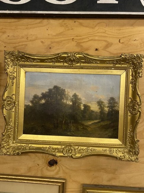 Antique Oil on Canvas Painting: Antique Oil on Canvas Painting of forest with path, in period frame, titled: "The Wooded Trail" by Alwyn von Stein(1848-1919 German), lower left. Size: Frame: 25.25"x33.25" - Sight: 23.5"x15.5".