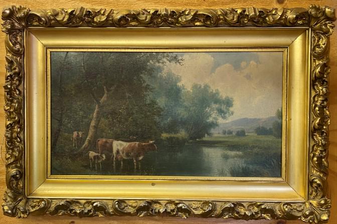 Antique Oil on Canvas Landscape with Cows: Antique Oil on Canvas Landscape with Cows Painting, signed on bottom edge (James McDougal Hart?), frame is period gesso over wood frame. Size: Frame - 28.25" x 18.5" , Sight: 21 3/8" x 11.5".