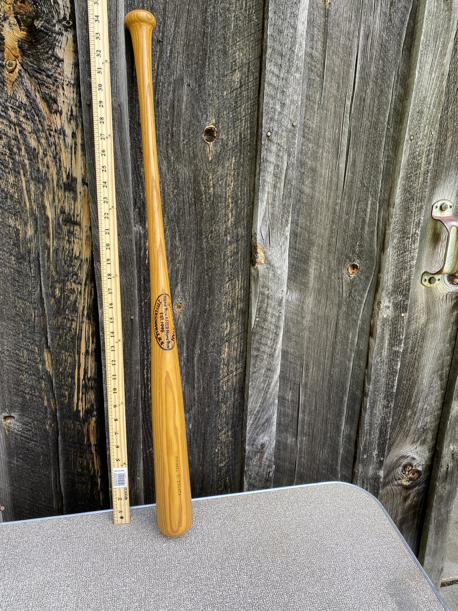 Wooden Baseball Bat: Wooden Baseball Bat, "Stick by Stan" - Jeffersonville N.Y., 35" 33oz, personalized to Mike Zagata,