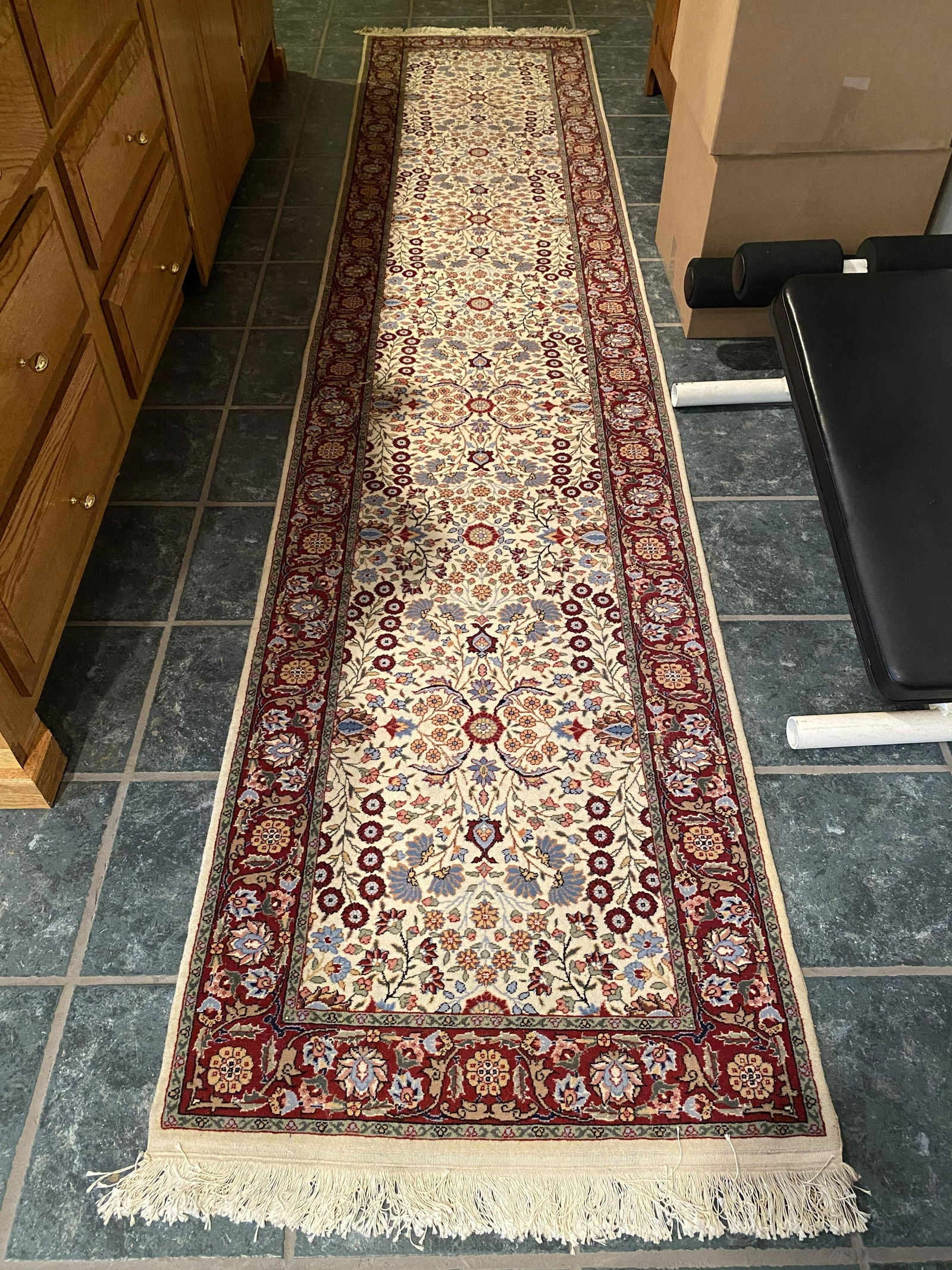 Persian Oriental Runner - from Turkey: Persian Oriental Runner - from Turkey, cream field, tightly woven, 12' x 2'-7", Excellent Condition.