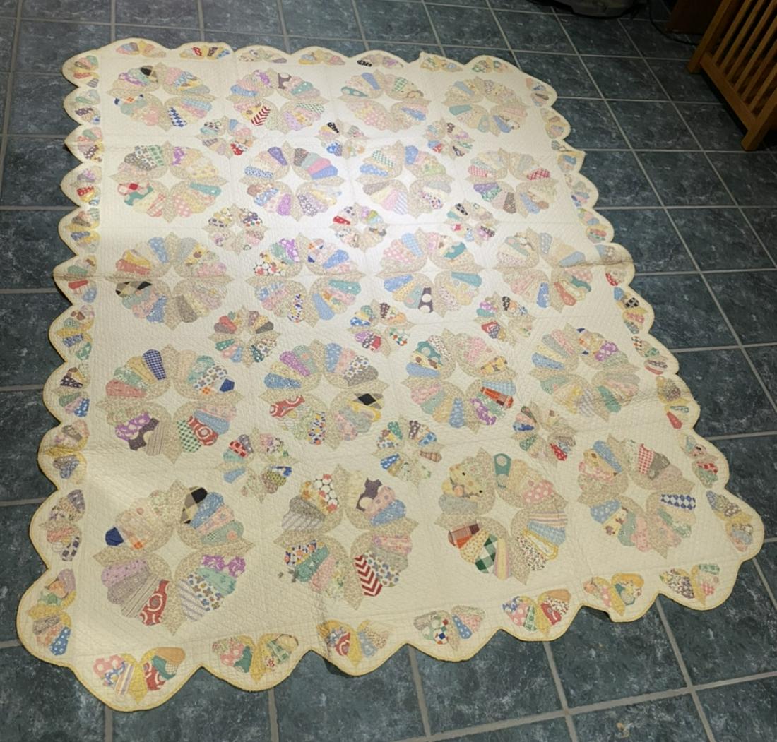 Quilt: Semi-Antique Hand Stitched Dresden Plate Design: c1900-1920 Semi-Antique Dresden Plate Quilt, Hand Stitched, 7'-5" x 5'-9.5", Nice Condition..