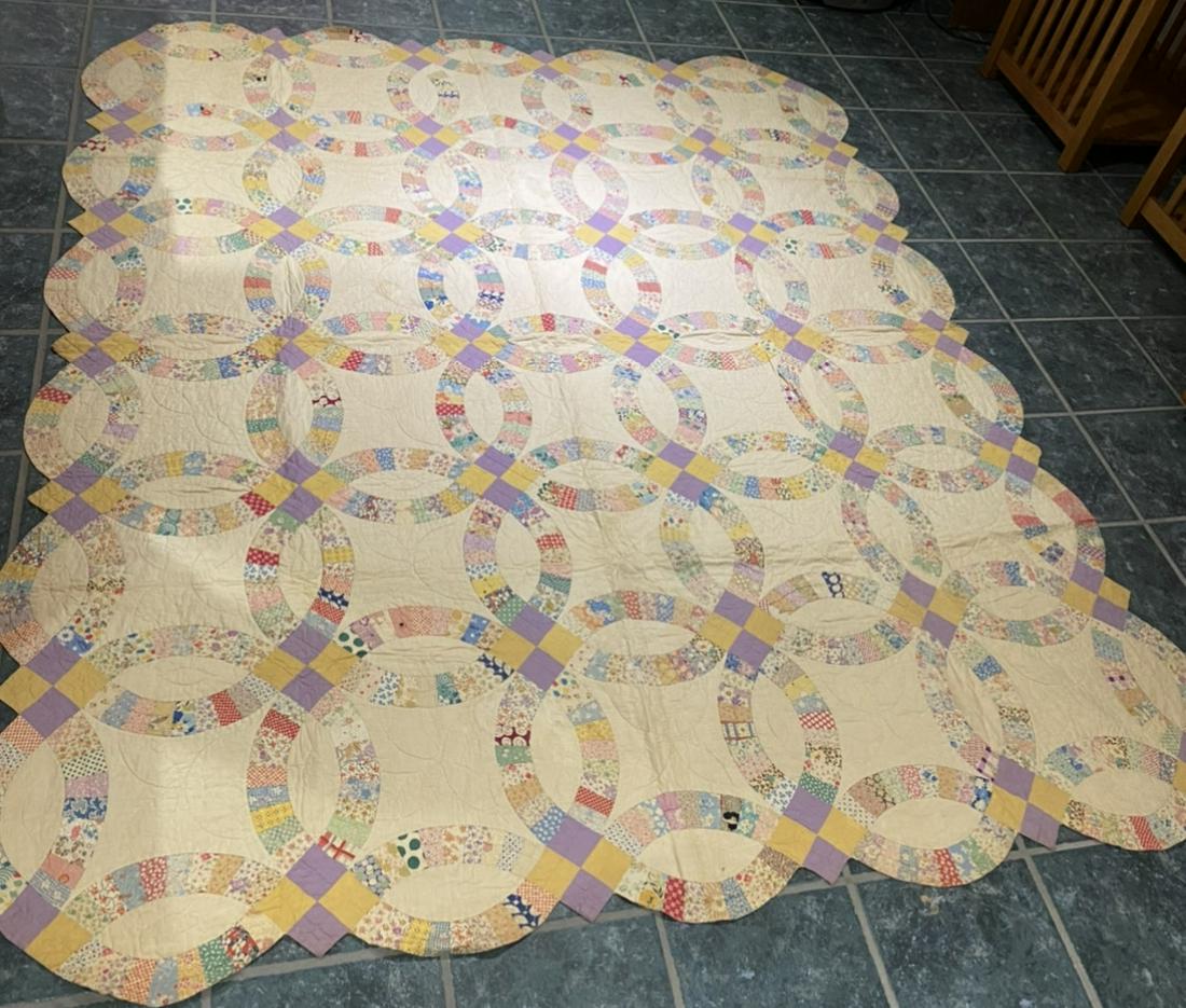 Quilt: Semi-Antique Hand Stitched Wedding Ring Design: c1900-1920 Semi-Antique Wedding Ring Quilt, Hand Stitched, 7'-11.5" x 6'-8", couple of slight small stains otherwise in Nice Condition.