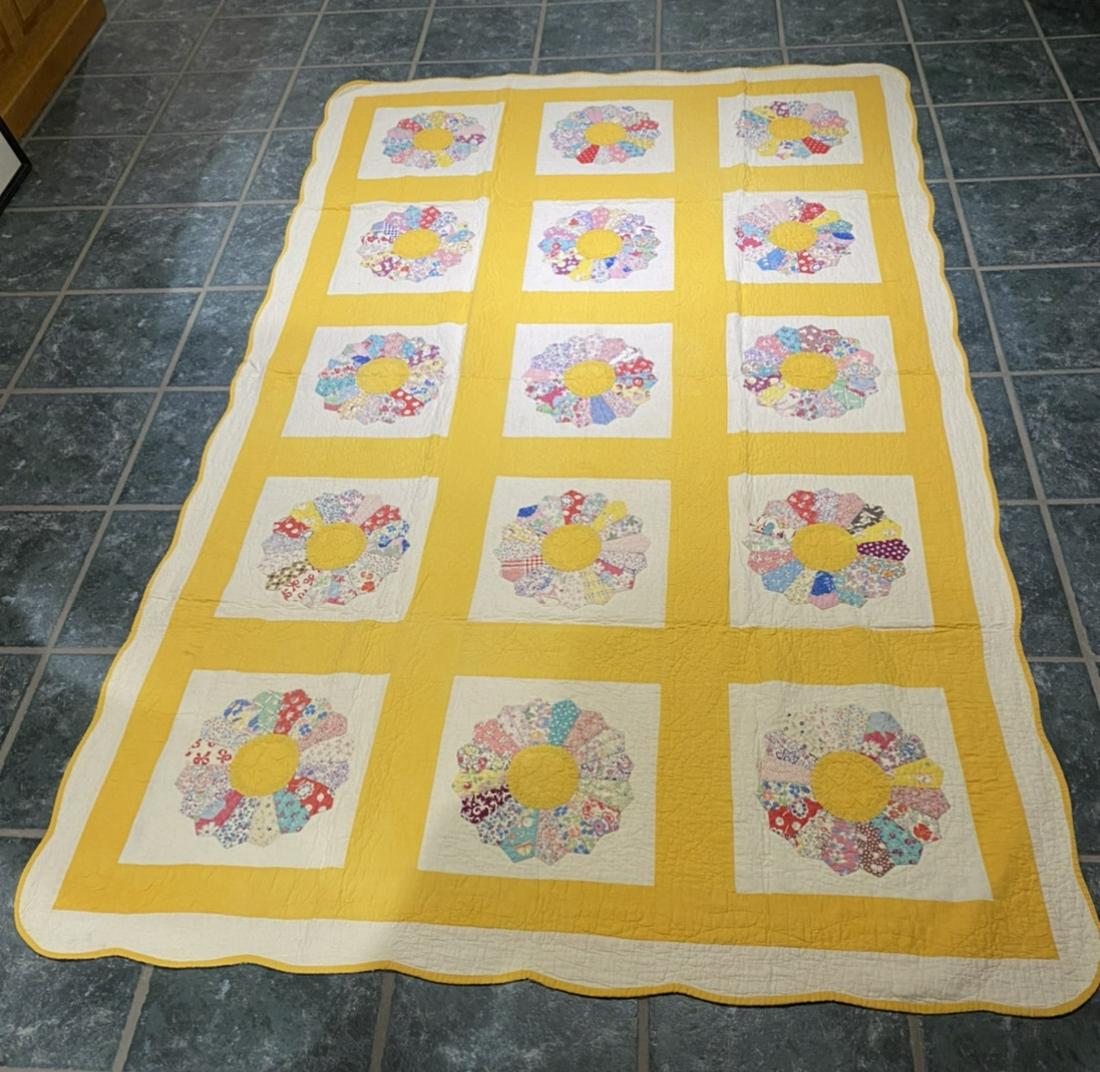 Quilt: Semi-Antique Hand Stitched Dresden Plate Design: c1900-1920 Semi-Antique Dresden Plate Quilt, Hand Stitched, 7'-4" x 4'-6.5", Excellent Condition.