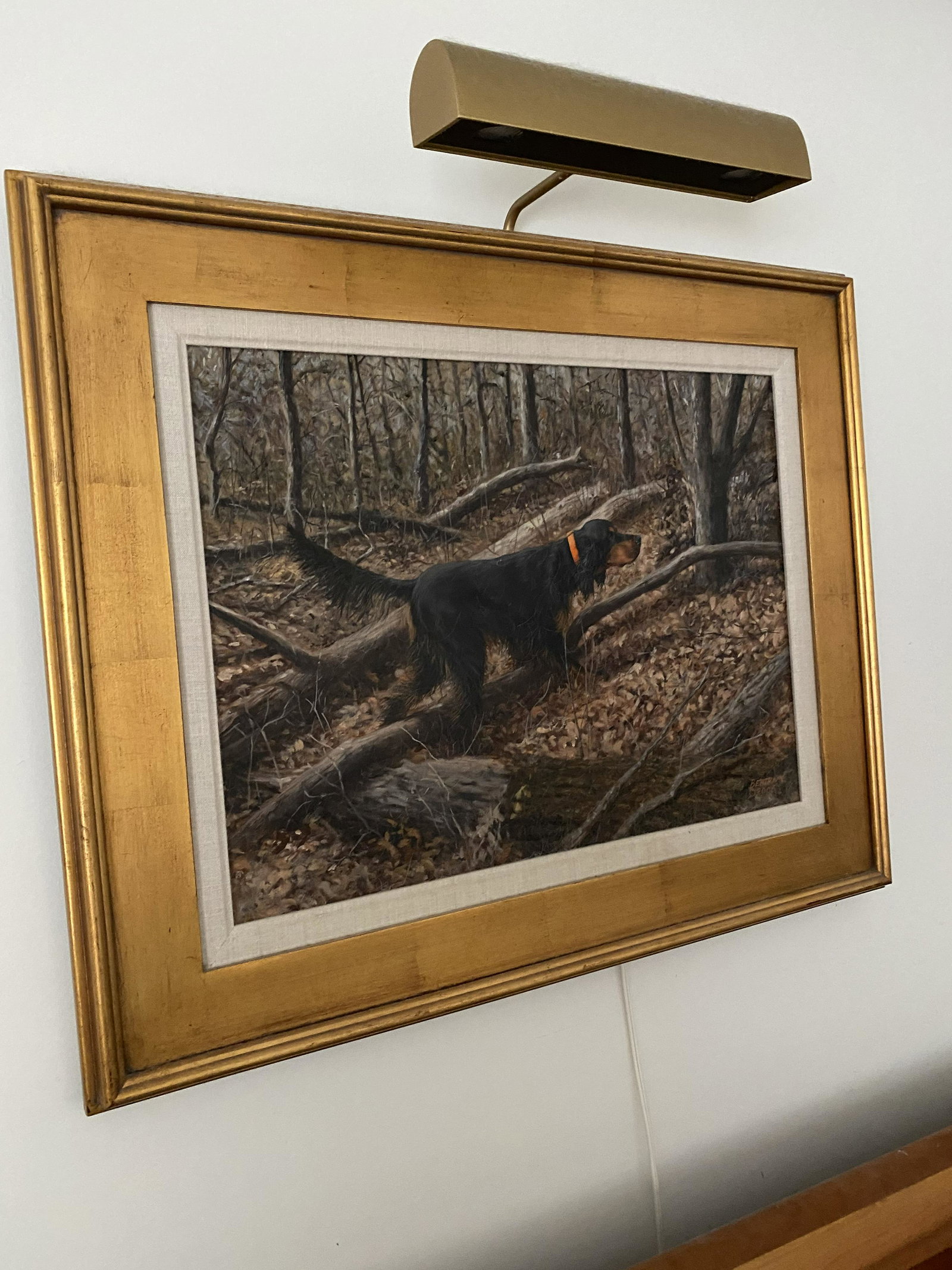 Oil Painting by Bob Bertram of a Gordon Setter: Oil Painting by Bob Bertram of a Gordon Setter in woodland setting, done in 2006 on artist board, professionally framed, 32.5"x26.5" overall - 23.5"x17.25" sight, Excellent condition.