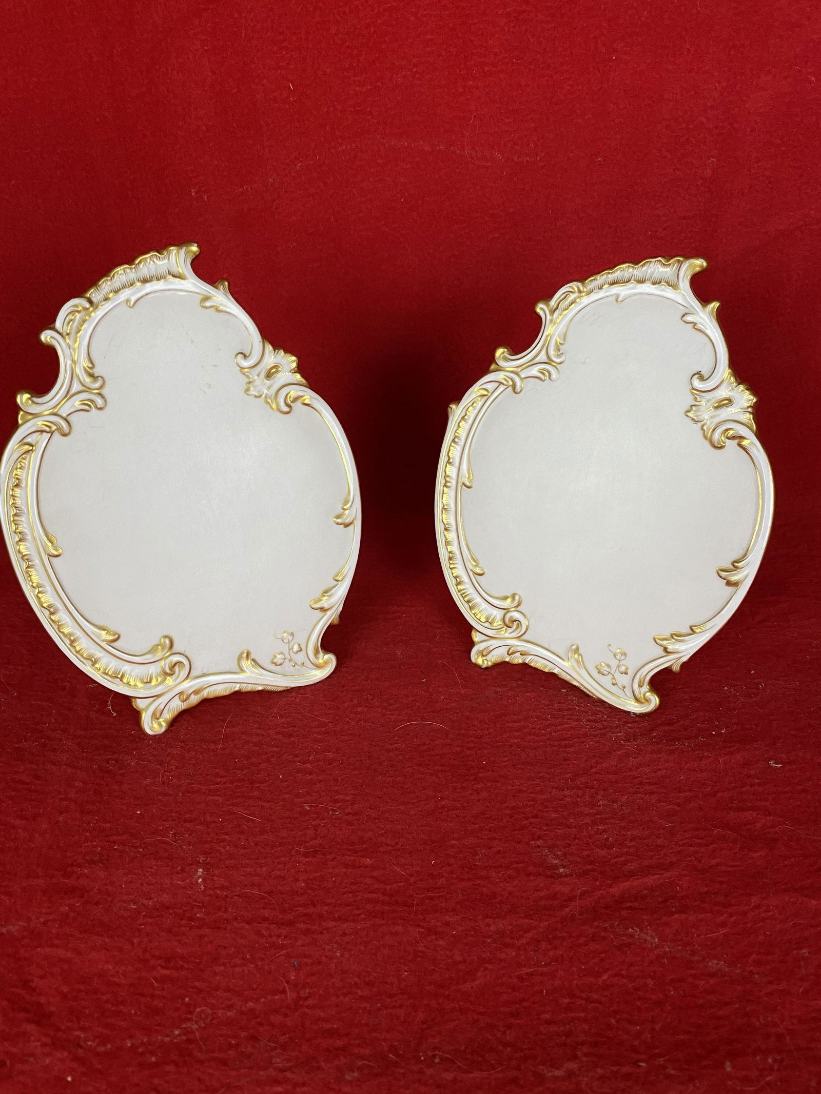 Pair of Antique Minton Menu Holders: Pair of Antique Minton Menu Holders with fine gilt on white porcelain, Excellent condition. Approx. 6.25" tall and 5" in the widest area.