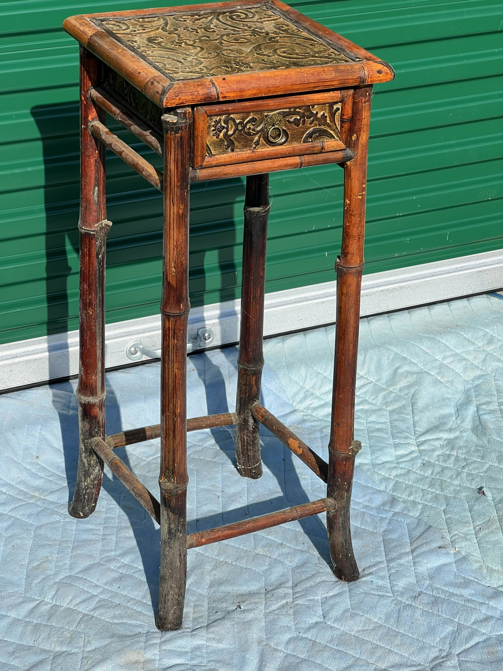 Antique Asian Bamboo Stand with one draw: Antique Asian Bamboo Stand with one draw, Approx. 32" H x 12" Square Top, Condition shows wear but no breaks.