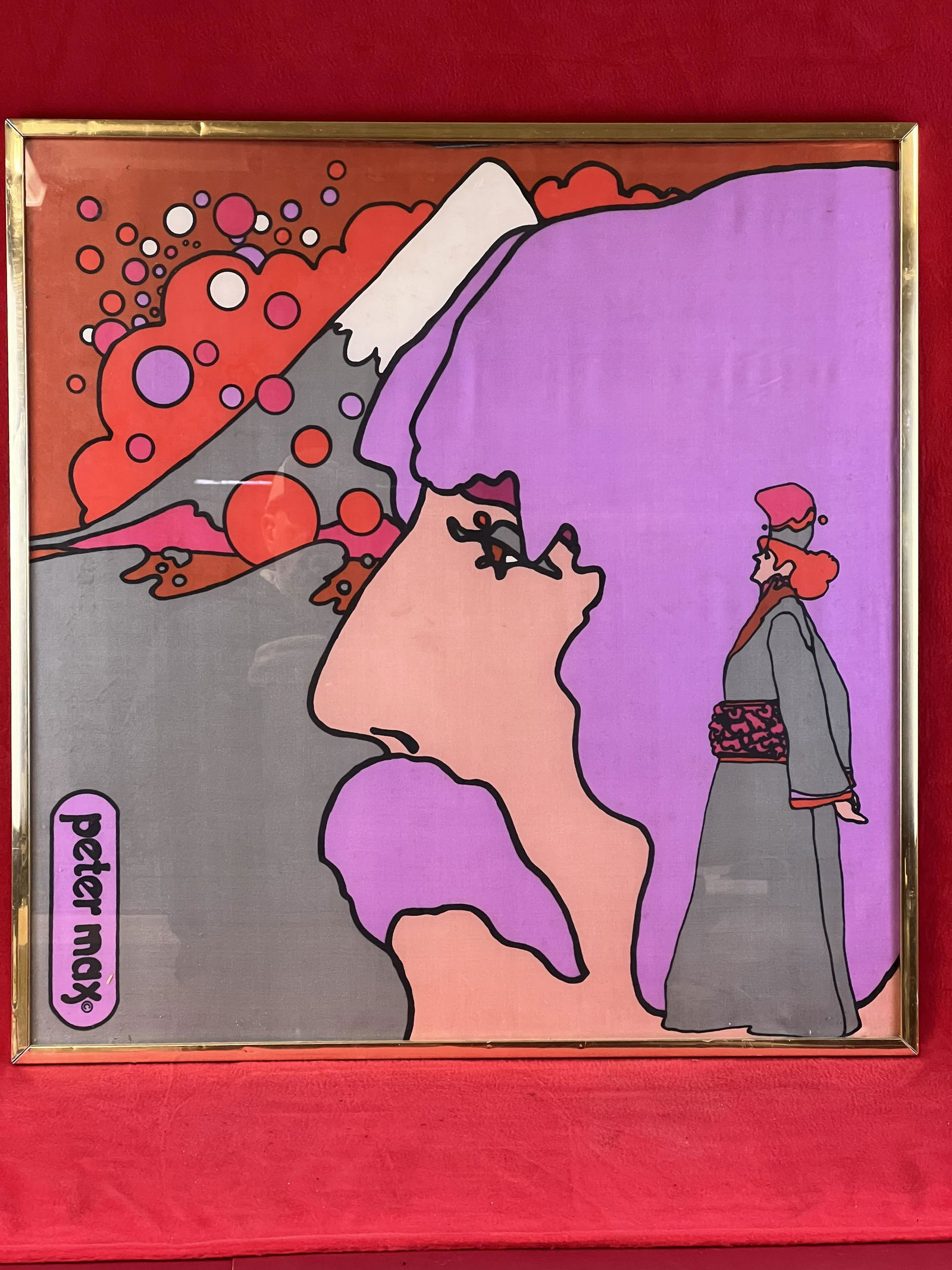 Peter Max Vintage Printed Poster On Silk: Peter Max Vintage Printed Poster On Silk In a modern metal frame which measures approximately 27" by 28", nice condition