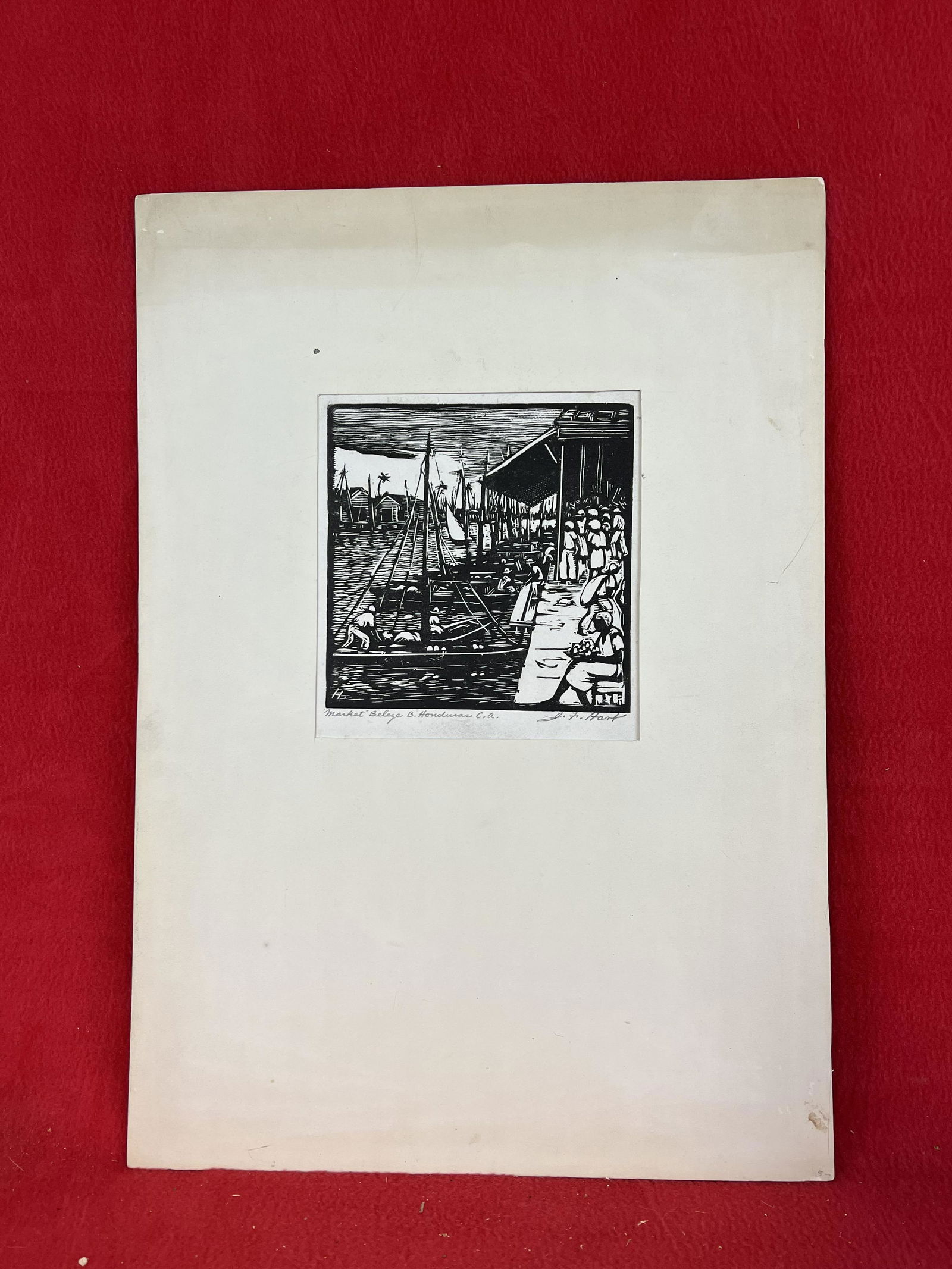 John Francis Hart Woodblock Print "Market Beleze B.: John Francis Hart Woodblock Print which is titled " Market Beleze B. Honduras C.A.. Print is signed and titled in pencil by the artist at the lower edge. Print with mat measures approximately 19" by 1