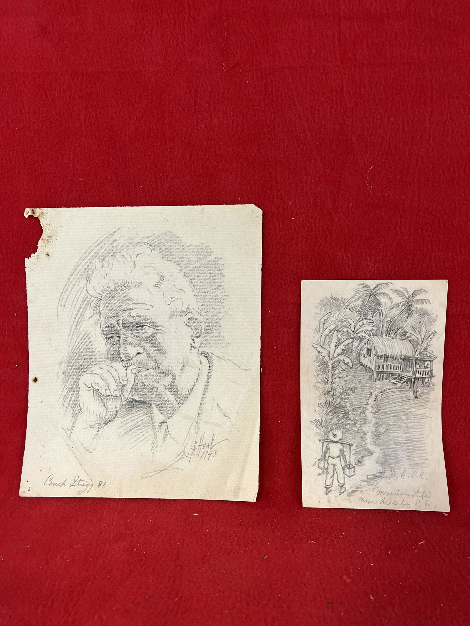 John Francis Hart Lot of Two Pencil Sketches: John Francis Hart Lot of Two Pencil Sketches one titled Coach Stagg and the other Mountain Life Near Arecibo Puerto Rico. Both are signed by the artist and coach Stagg is dated 1943. The larger pencil