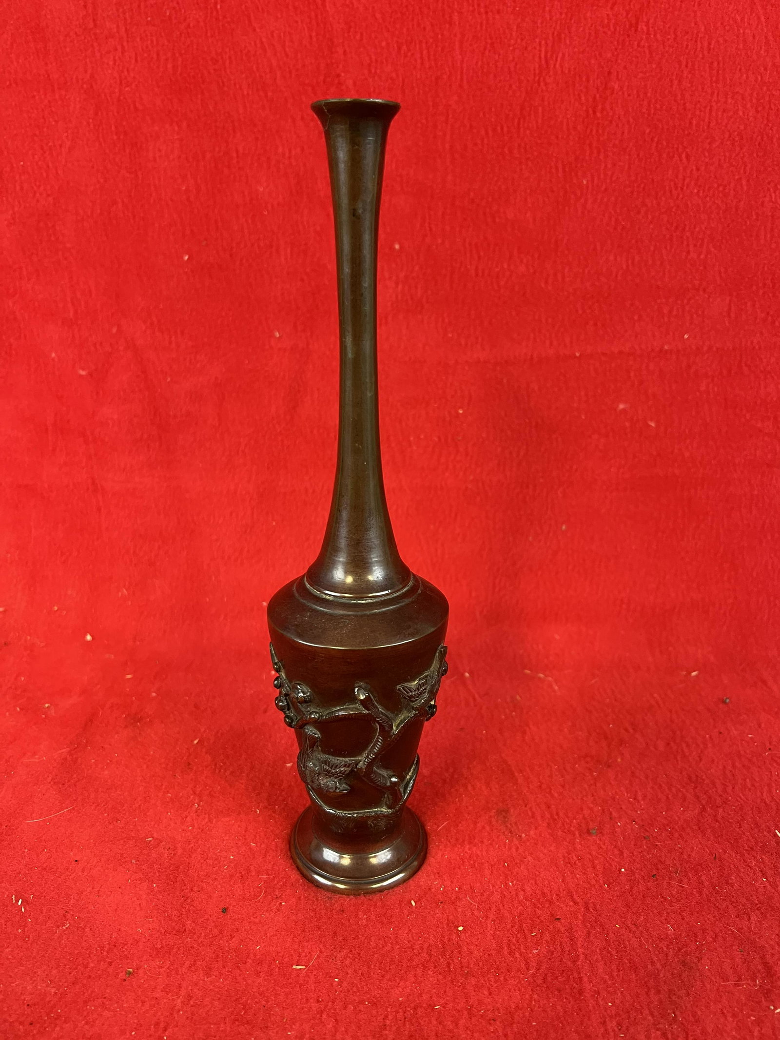 Vintage Japanese Bronze Vase: Vintage Japanese Bronze Vase with carved scene of birds on branches which stands approximately 10 3/4" tall and is signed in Japanese characters on the underside of the base. Vase is in fine condition