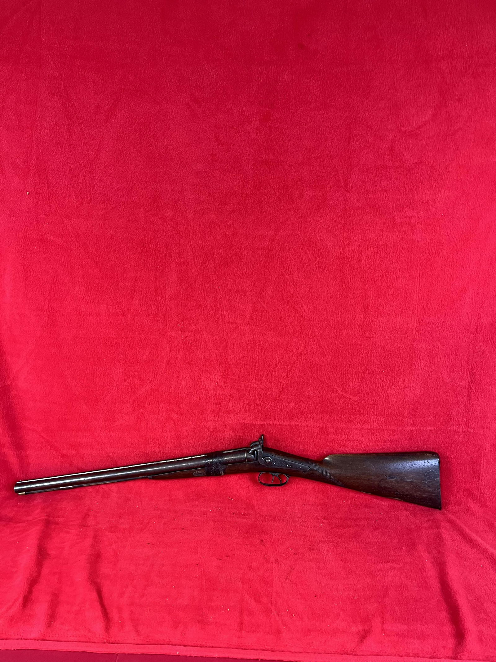 Marked Wells Fargo Double Barrel Percussion Shotgun: Marked Wells Fargo Double Barrel Percussion Shotgun signed on lock plate by maker Richards. The stock has numerous Wells Fargo markings along with San Francisco California designation. Gun also has a
