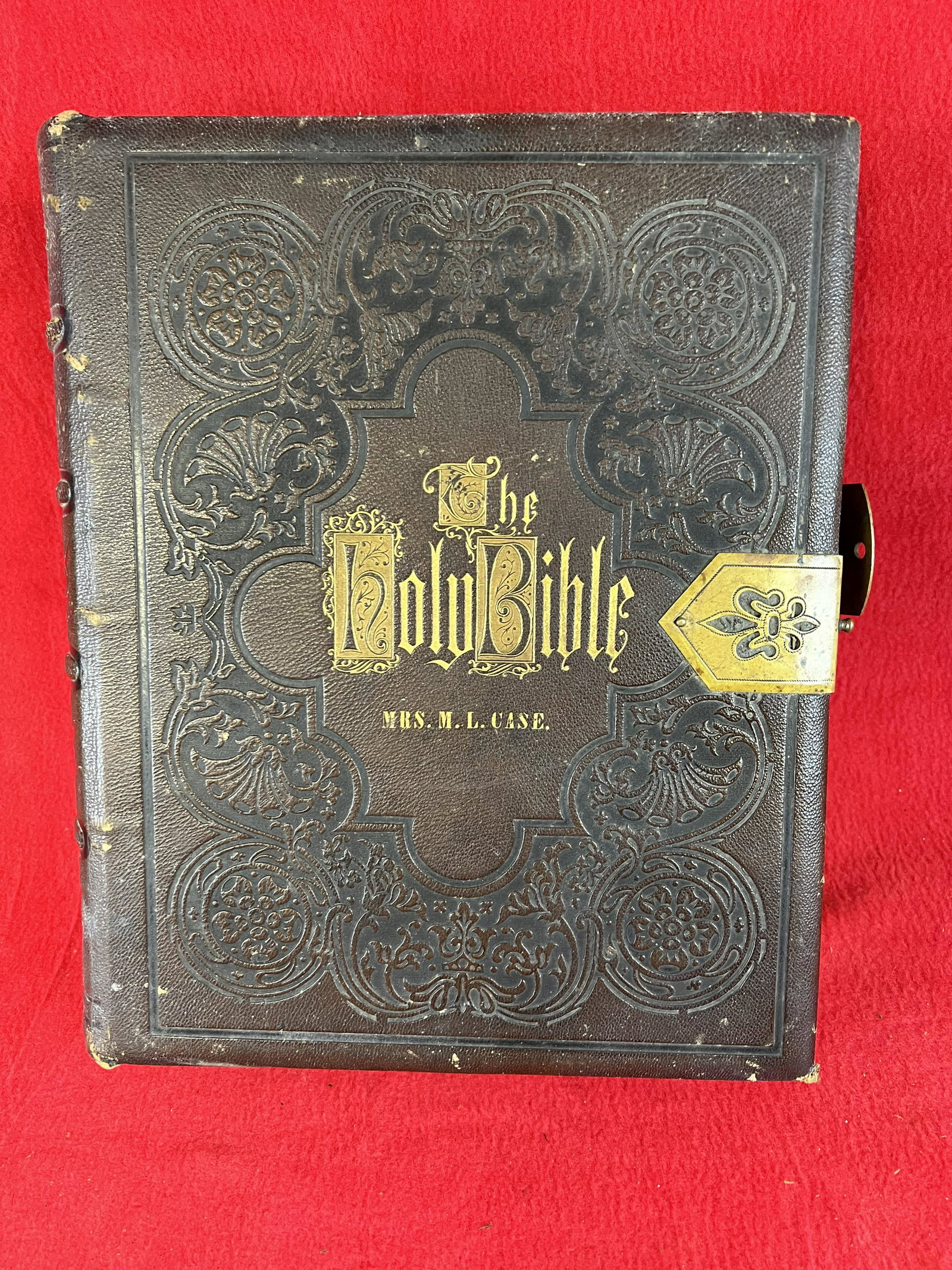 1870 Leather Bound Bible published in Philadelphia by: 1870 Leather Bound Bible published in Philadelphia by William W Harding. Bible has owners name in gold on cover Mrs. M. L. Case. Bible measures approximately 12" by 10" and retains its original brass