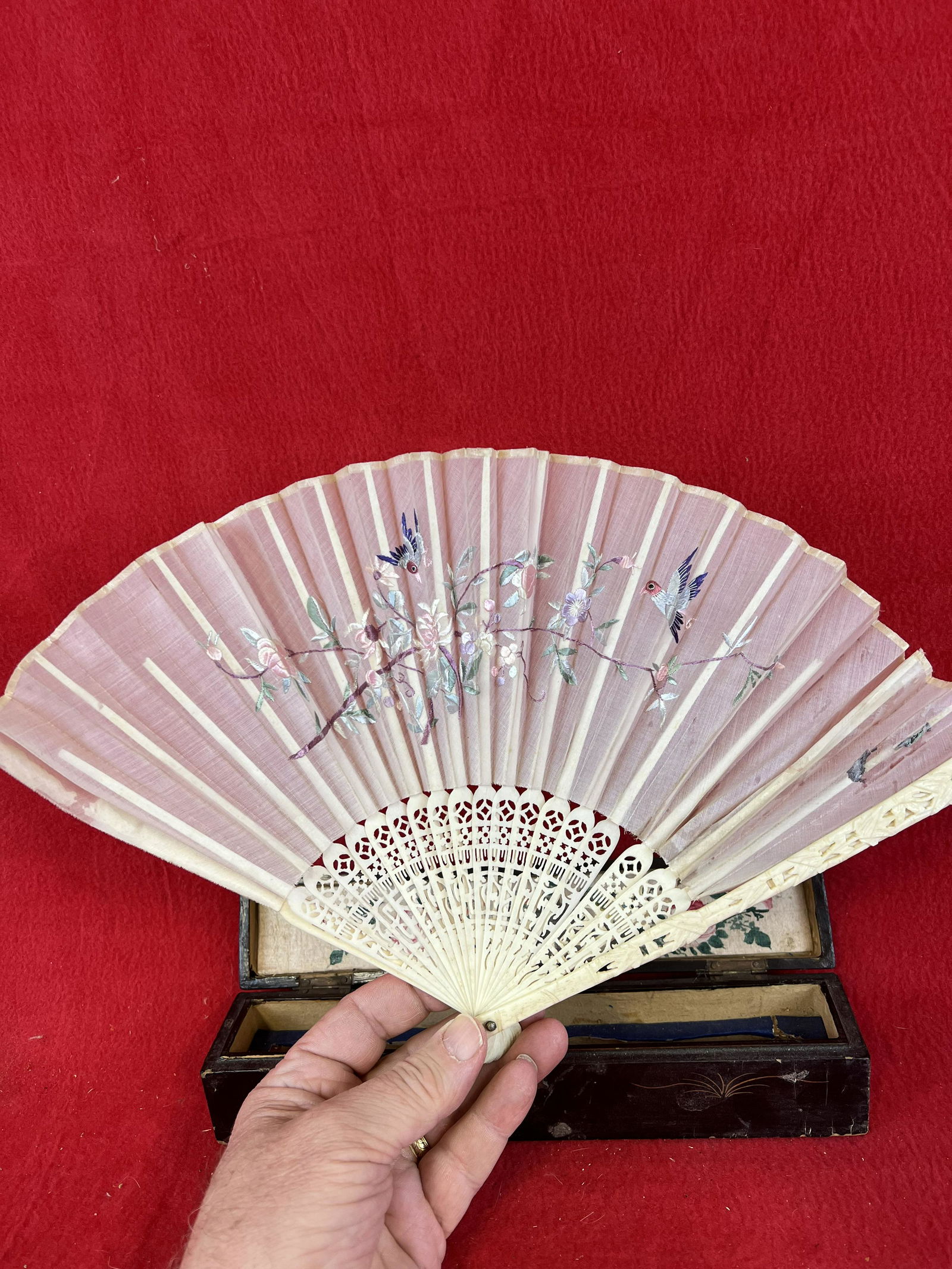 Antique Chinese Embroidery on Silk Hand Fan: Antique Chinese Embroidery on Silk Hand Fan with hand carved bone sticks and guards in its period lacquer over wood box. The fan guards measure approximately 8 3/4" long. Condition - loss to the top o