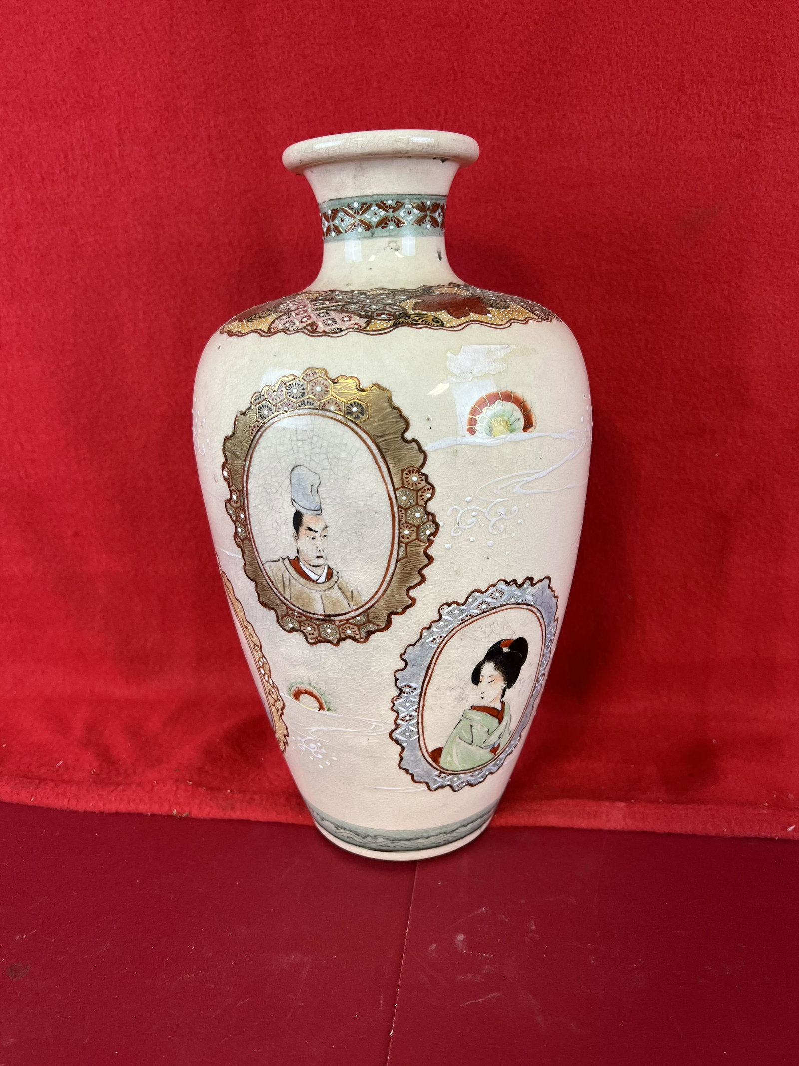 Antique Japanese Satsuma Pottery Vase: A 12" Tall Antique Japanese Satsuma Vase Decorated With Depictions Of Geisha Girls Etc. Vase Is In Nice Condition As Shown