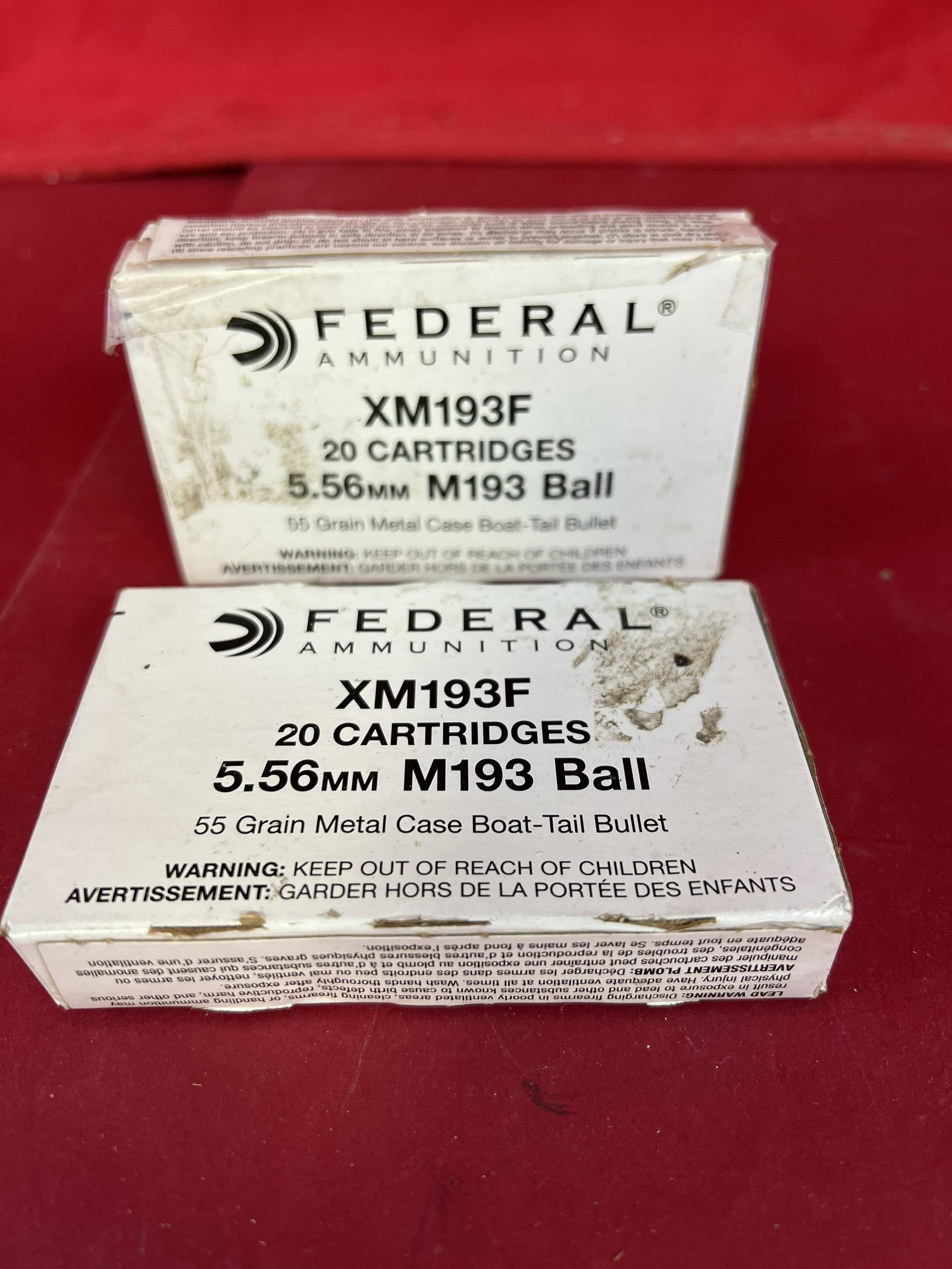 Lot: 2 Boxes 5.56mm M193 Ball Ammunition: A Lot of Two Boxes (40 Shells) Federal 5.56mm M193 Ball Ammunition. All ammo purchases should be examined by a certified gunsmith prior to shooting.