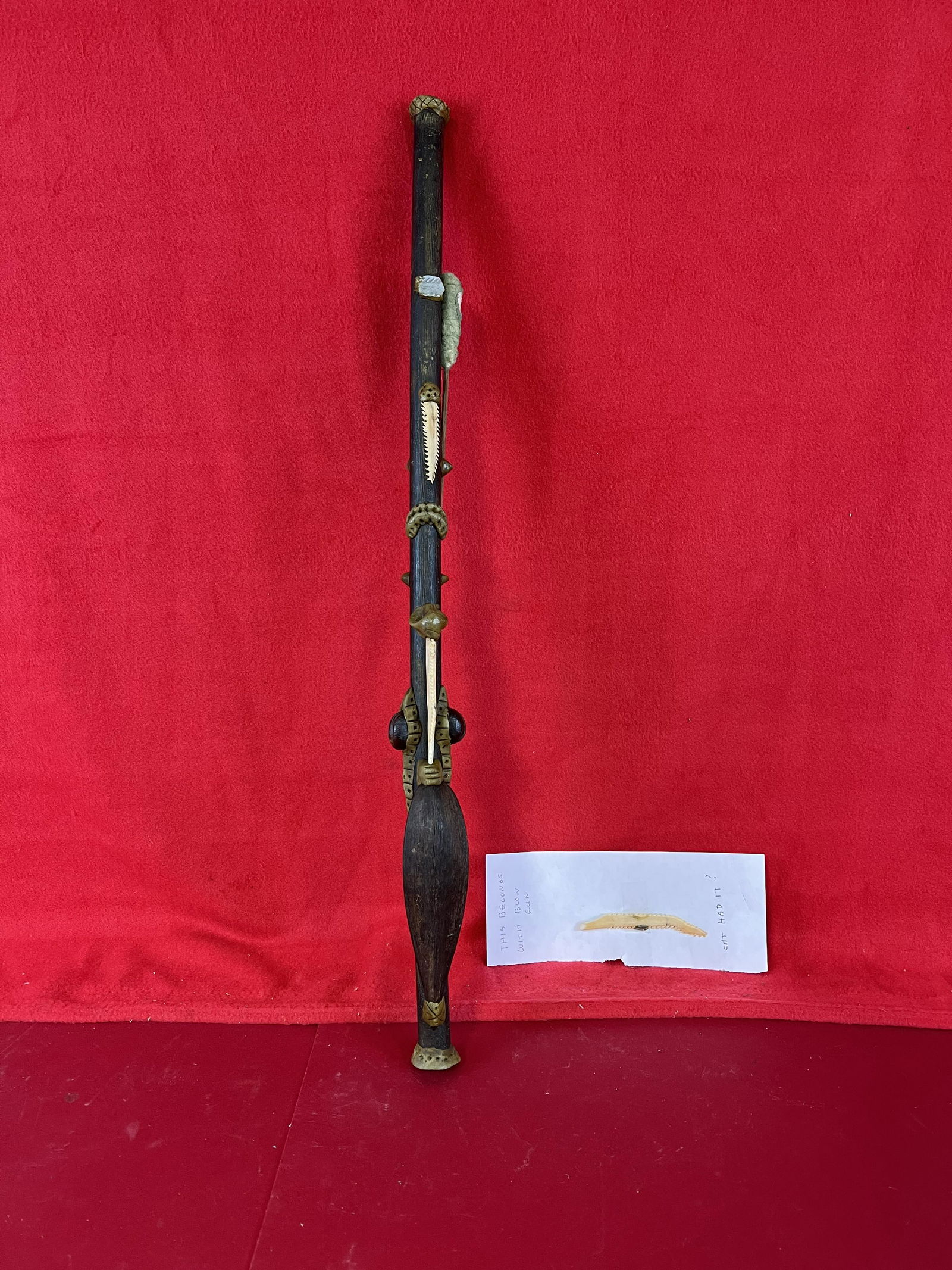 Old African Blow Gun: An Original Old African Blow Gun Along With Two Darts. Blow Gun Is Made Of Wooden With Animal Bone Decorations Etc. And Which Measures Approximately 25 1/2" Long. Condition - Nice As Shown