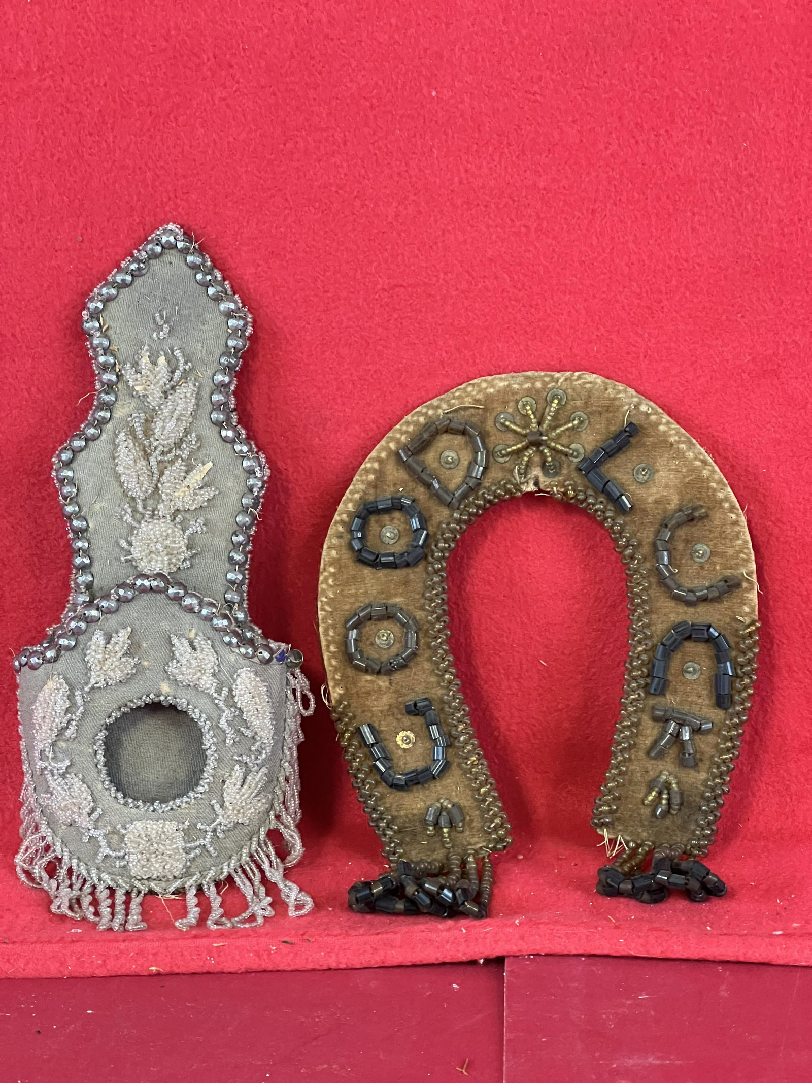 Lot Of 2 Iroquois Niagara Falls Ware Items: A Lot Of Two Antique Glass Beaded Iroquois Niagara Falls Ware Items Which Includes A Figural Watch Hutch And A Horse Shoe Shaped "Good Luck" Item. The Horse Shoe Measures Approximately 8" By 6". Condi