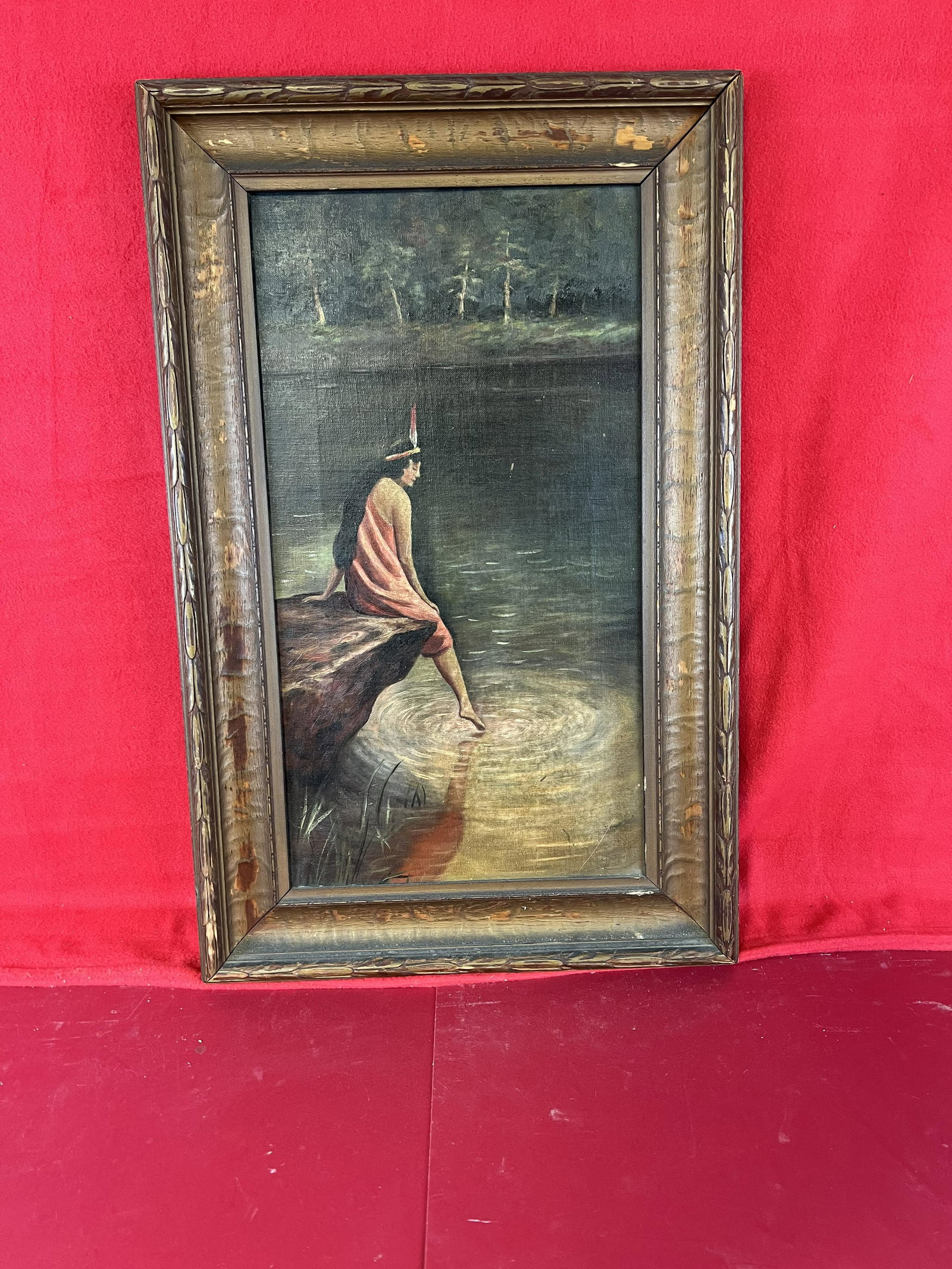Antique Oil Painting "Fear Of The Inner Waters" Virgil M Williams: Antique Late 19th c, Oil Painting On Canvas Of A Indian Maiden In A Lake Setting In A Period Or Slightly Later Wooden Frame. Written On The Back Of The Canvas Is The Title And Artist Name And There Is
