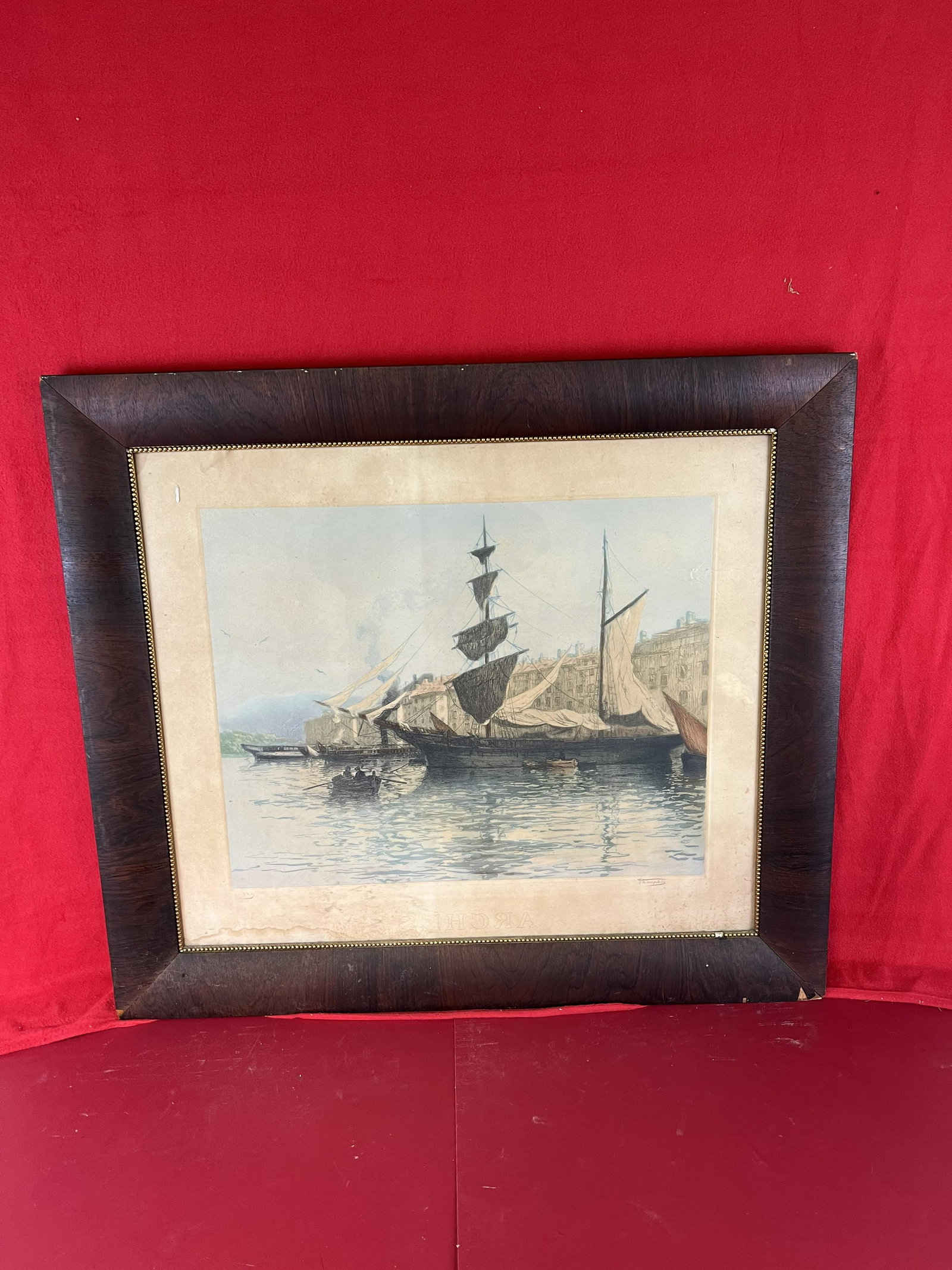 Lg Framed Print Of A Harbour Scene By Emile Dauphin 1923: A Framed Large 1920's Print (Mezzotint) By Emile Dauphin Of A Harbour Scene Which Measures Approximately 35" by 30 3/4" With Sight Being 28 1/4" by 24". The Frame Is Exceptional With Only Some Minor W