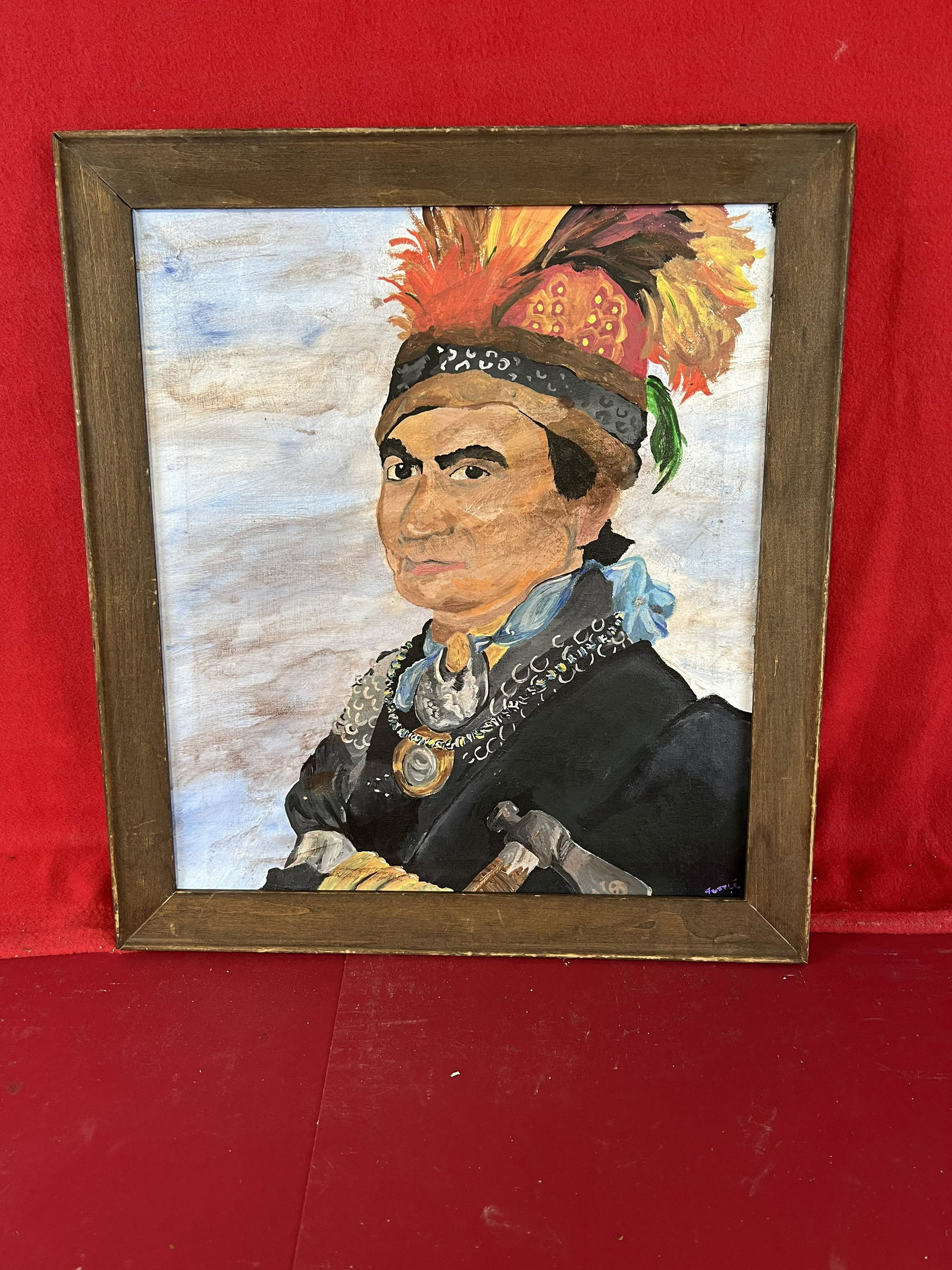 Framed Oil Painting Of Joseph Brant: 18 1/2" By 16 3/4" Framed Vintage Oil Painting On Canvas Of The Native American Joseph Brant Holding A Tomahawk Etc. Condition-Fine As Shown.