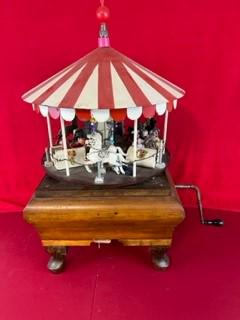 Unique Hand Made Merry Go Round: A Unique Hand Made Music Box Merry And Music Box Which Was Made For The E J Johnson Family New York State Makers Of Full Size Merry Go Rounds. The Item Consists Of A Base Housing A Hand Crank Phonogra