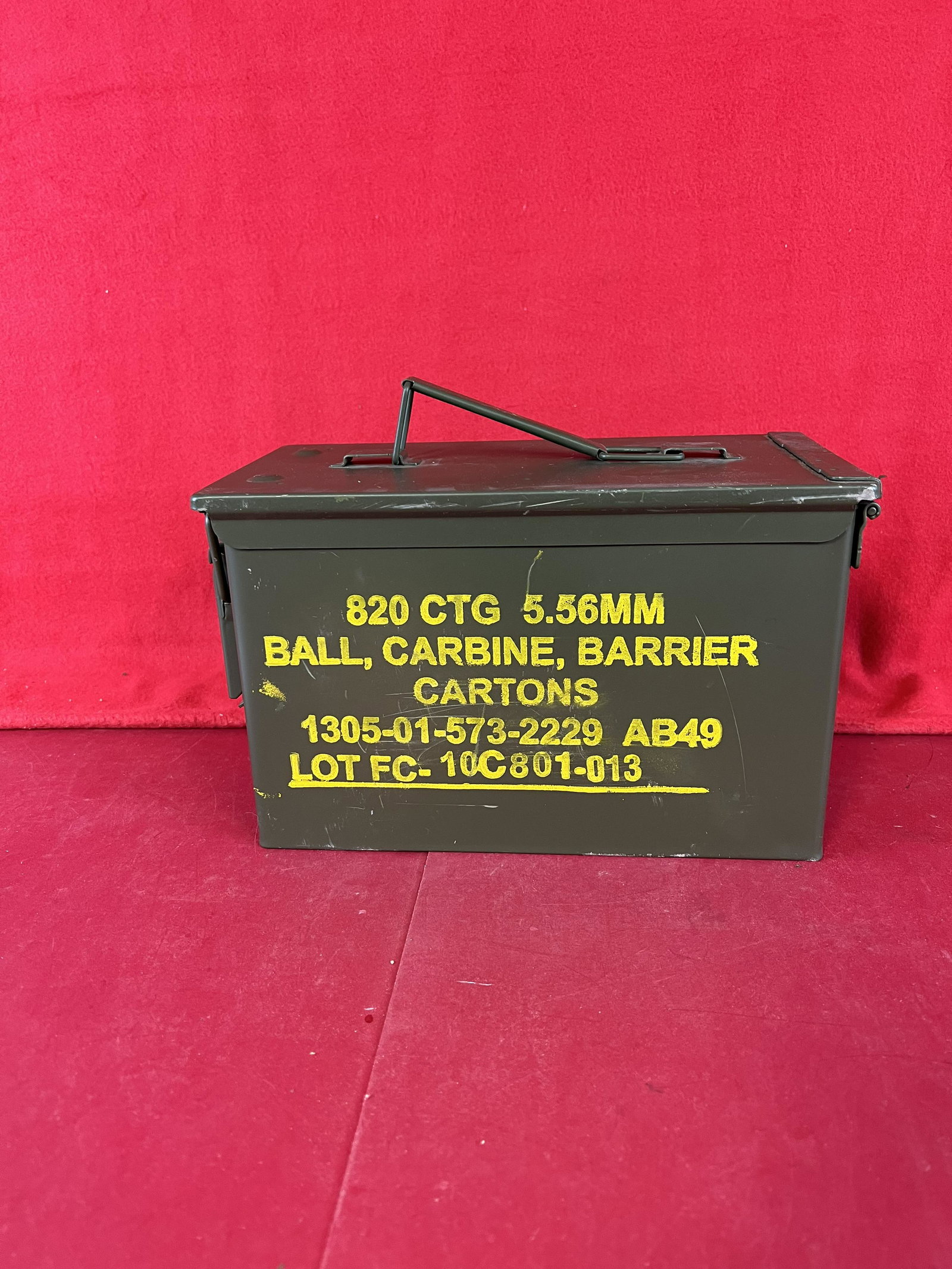 Lot Brand New 5.56 x 45MM Ball Carbine - 1450 rounds: Brand New 5.56 x 45MM Ball Carbine FC-10C801-013 ammunition - 820 rounds per container - 41 boxes per container - plus 21 extra boxes 30 rounds per box equals 1450 rounds total.