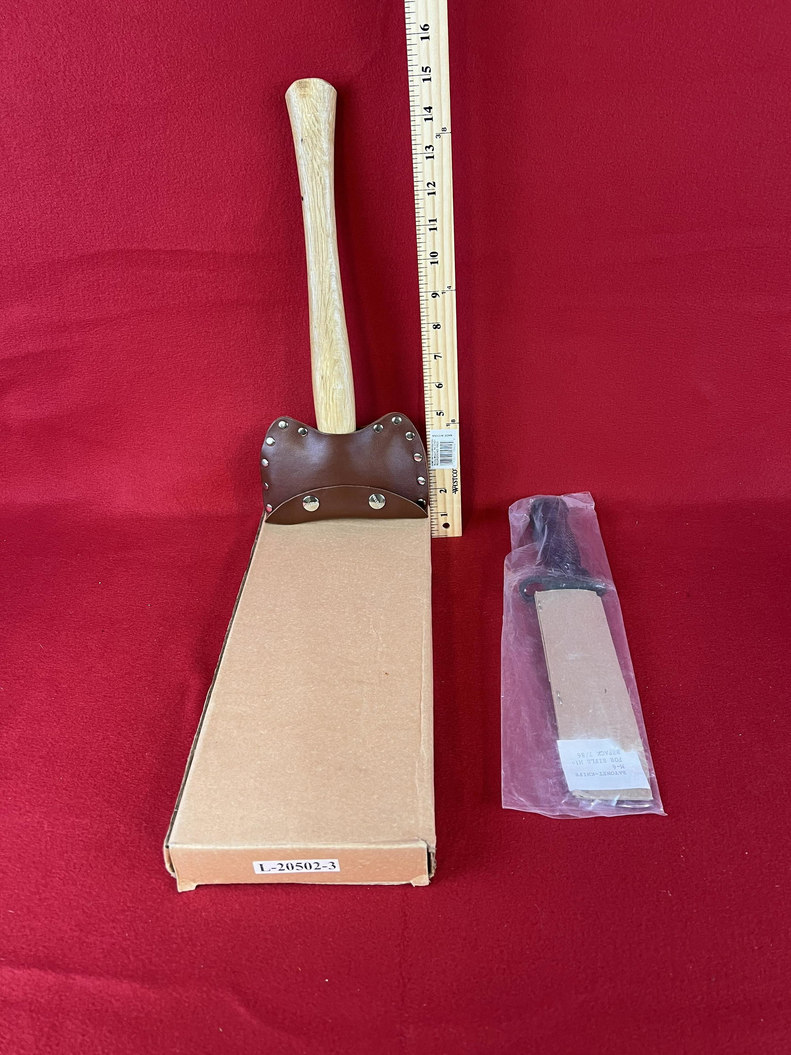 Lot: Double Bladed Custom Hatchet & Bayonet: Lot: New Double Bladed Custom Hatchet - 440 Stainless Steel with cover and original box and new Bayonet Knife for M-6 For Rifle M-14.