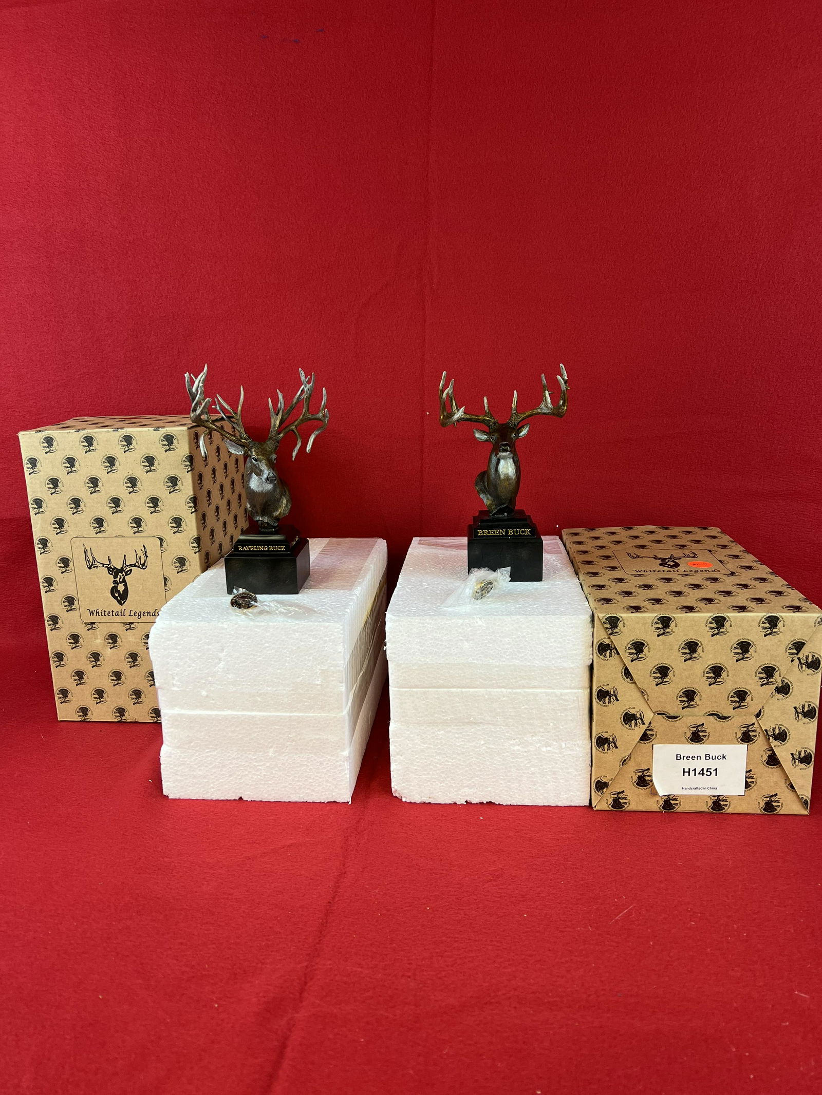 New Statue : "Raveling Buck" H1454 & H1451 "Breen Buck": Lot Of 2 Vintage Whitetail Legends Sculptures To Include H1454 & H1451 by Big Sky Carvers, new in the box. Statues Are 7"x5"x3"and come with matching Gold & Black Lapel Pins. Done for North American H