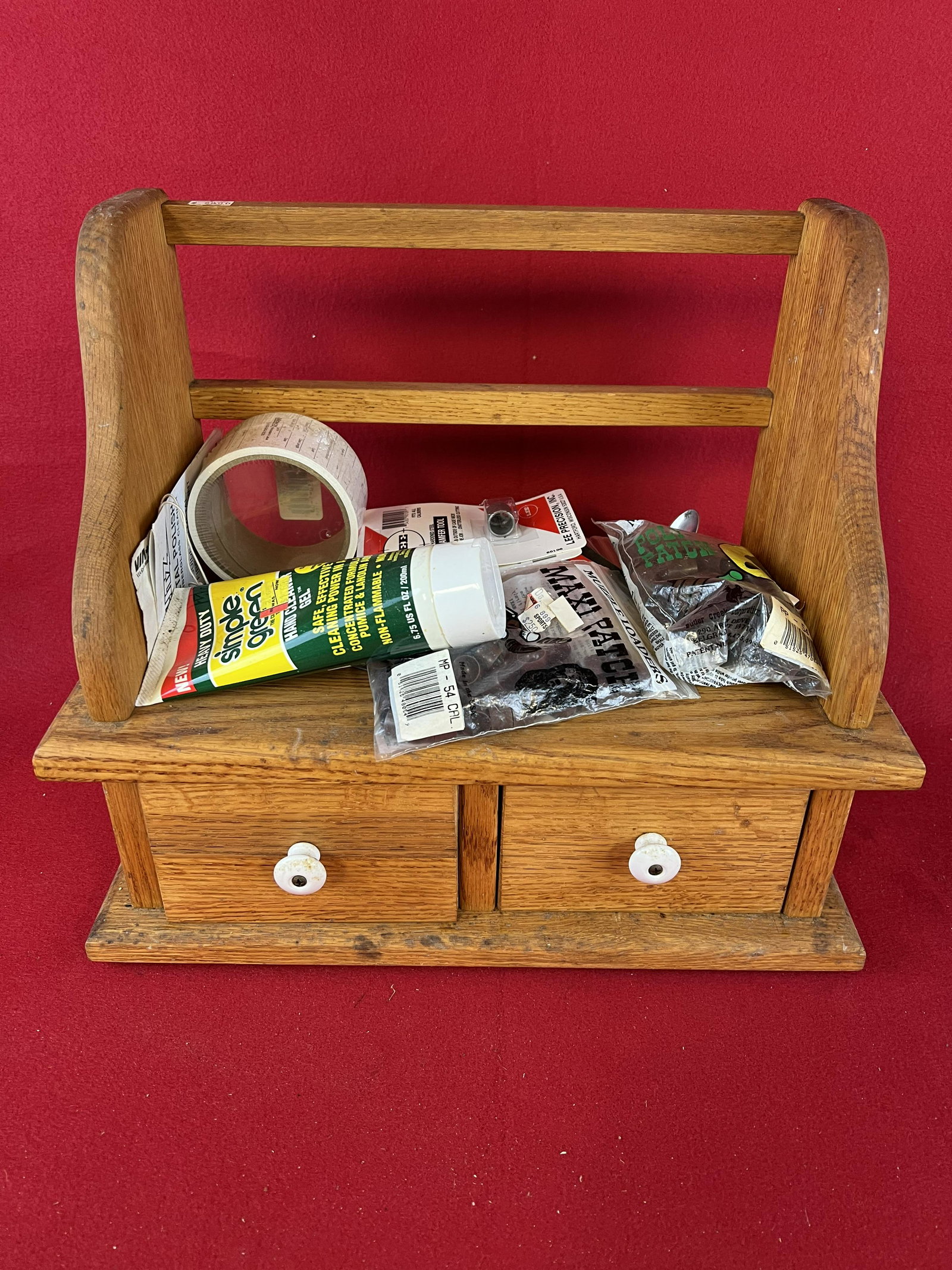 Misc. Reloading Lot w Small Oak Chest: Lot Consisting Of Various Reloading Tools etc. along with a 14" high by 15 5/8" wide by 8" deep two draw oak storage chest.