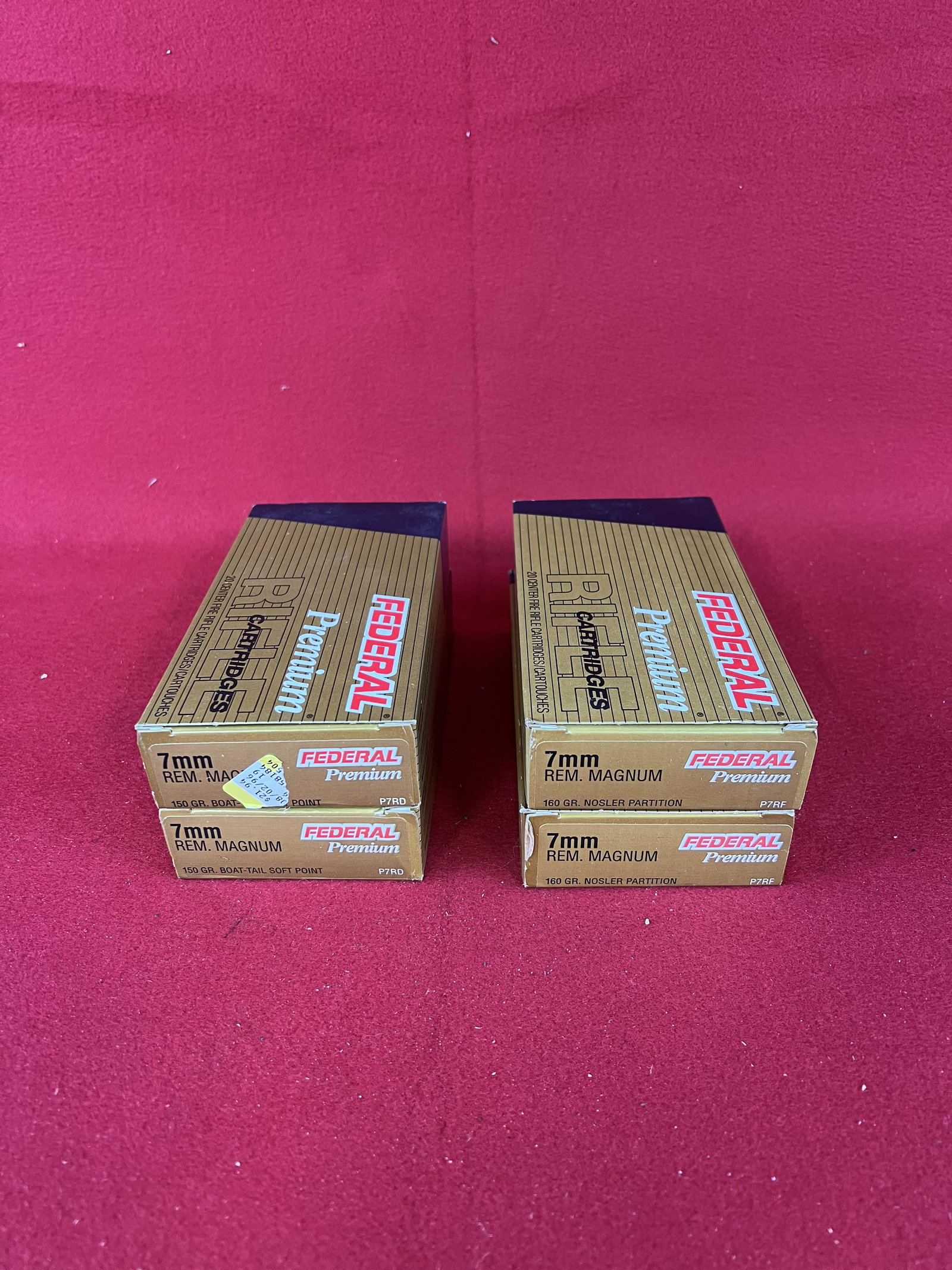 Lot : 4 Boxes Federal 7 mm Ammunition: A Lot Of Four Boxes Of 7 mm Federal Ammunition: 2 Boxes New Remington Mag Federal Premium 150 gr BTSP (40 Rounds) And 2 Boxes 160 gr. ( 40 Rounds). All ammo purchases should be examined by a certified