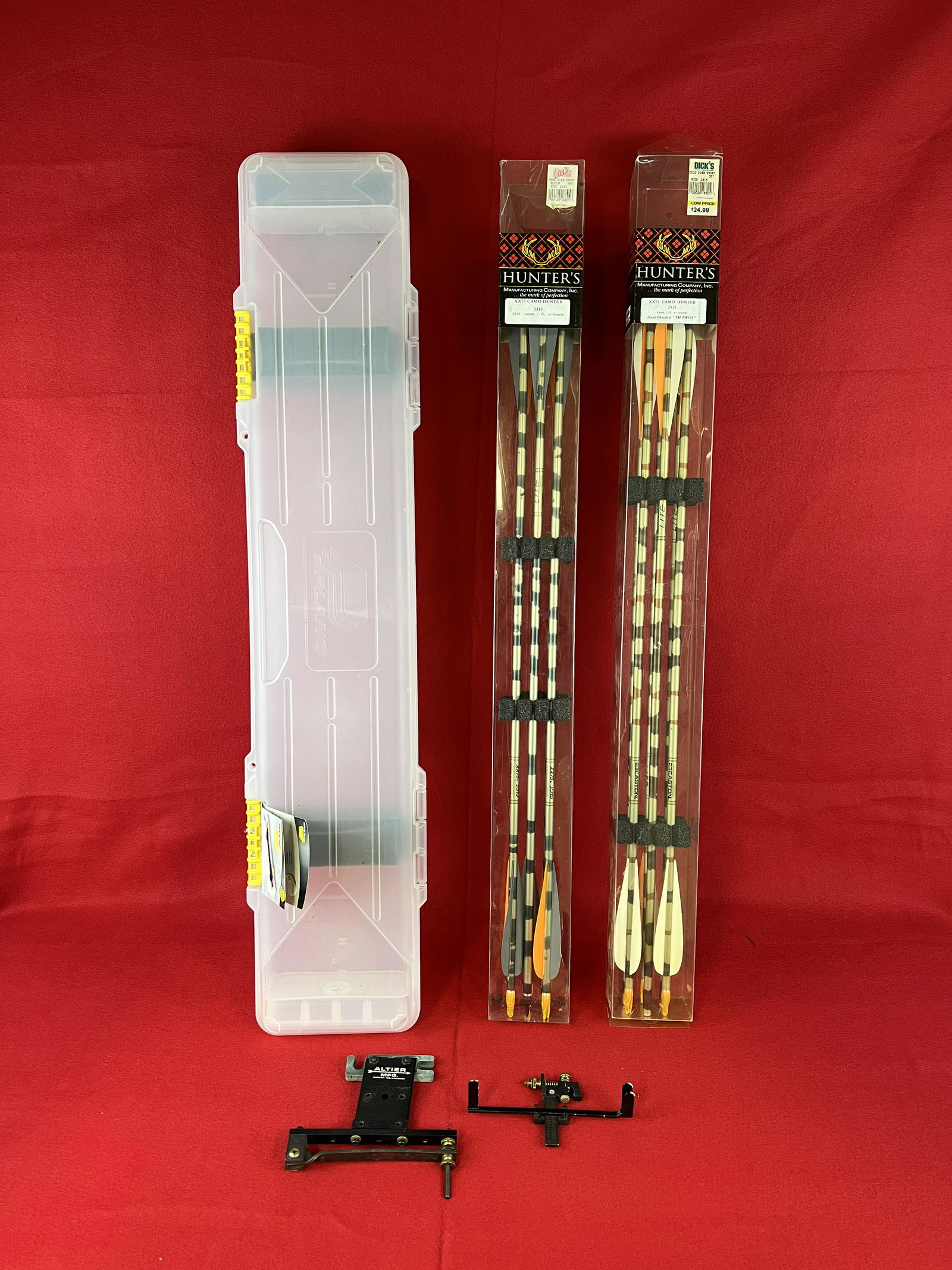 Lot: Hunter's Arrows, Arrow Case, etc.: Lot: 2 New Boxes Of Arrows - Hunter's XX75 Camo #2315 (12 arrows total), And A New Plano 1127 Compact Arrow Case, And Altier Manufacturing Bow items And A Archery Gear Box