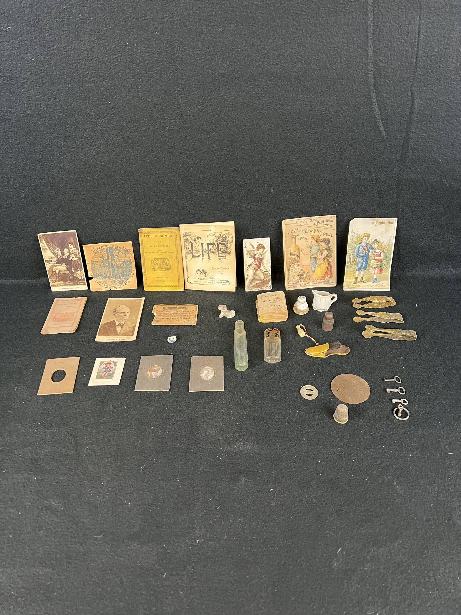 Lot Ephemera & Misc. Smalls: A Varied Lot Of Miscellaneous ephemera items and other smalls to include photos, trade cards bottles, tobacco card etc. Condition - is as shown in photos