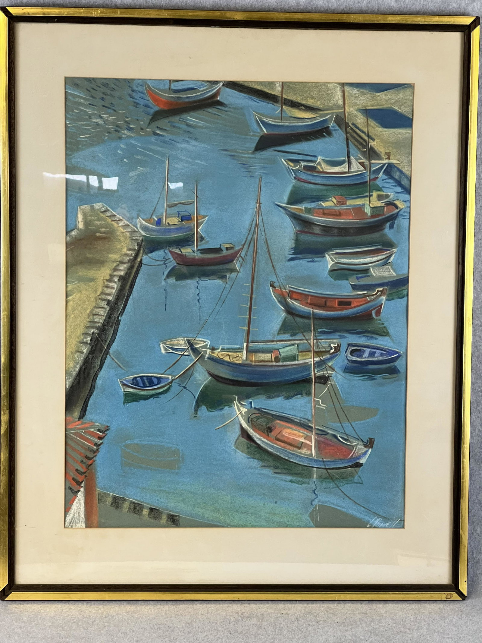 Pastel Painting Of Hyra Harbour By Leslie Joseph Powell (1906-1978) 31 1/2" by 25 1/8" (1 of 8)