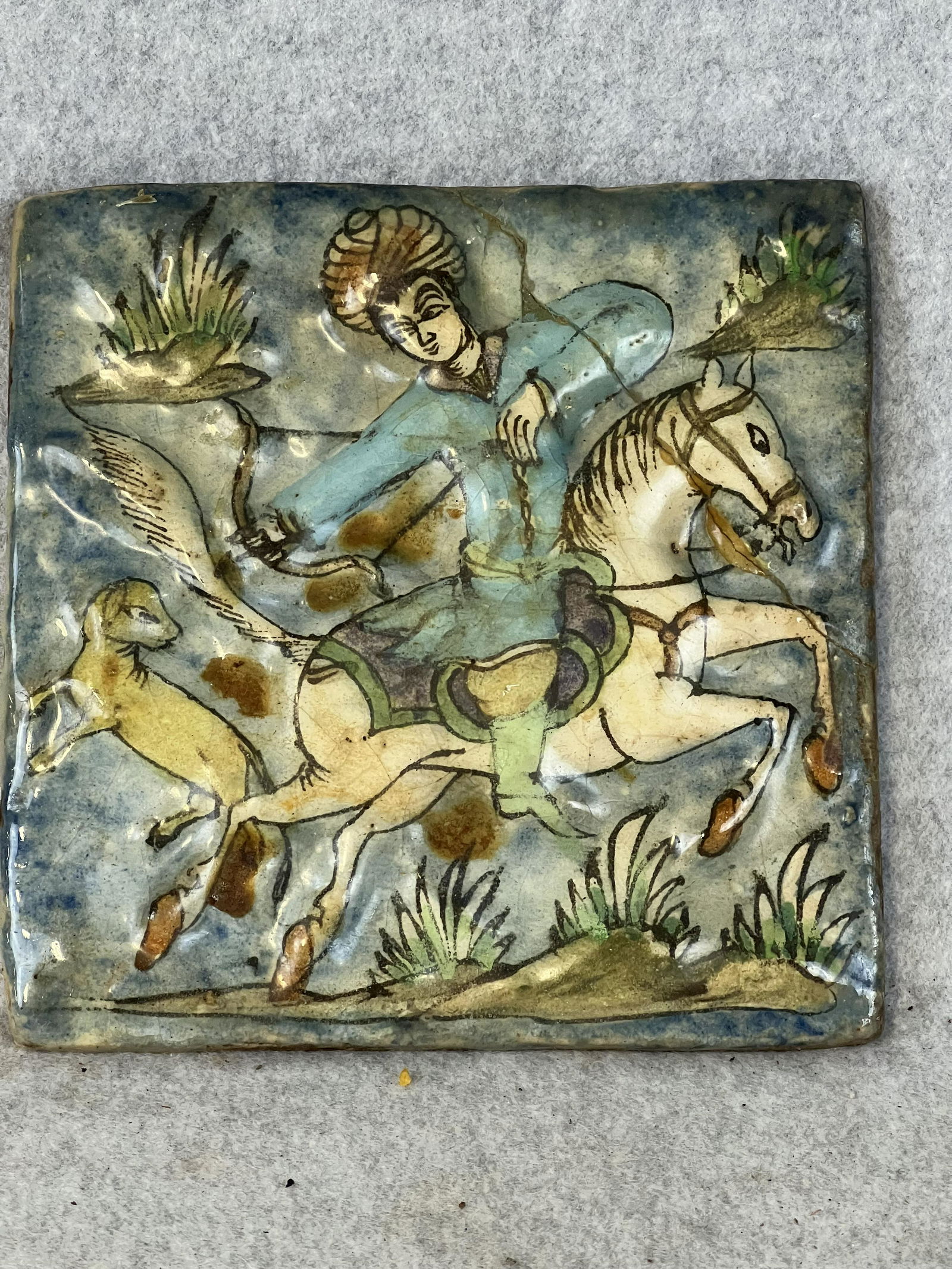 Early Hand Painted Faience Tile Of A Hunter On Horseback (1 of 5)
