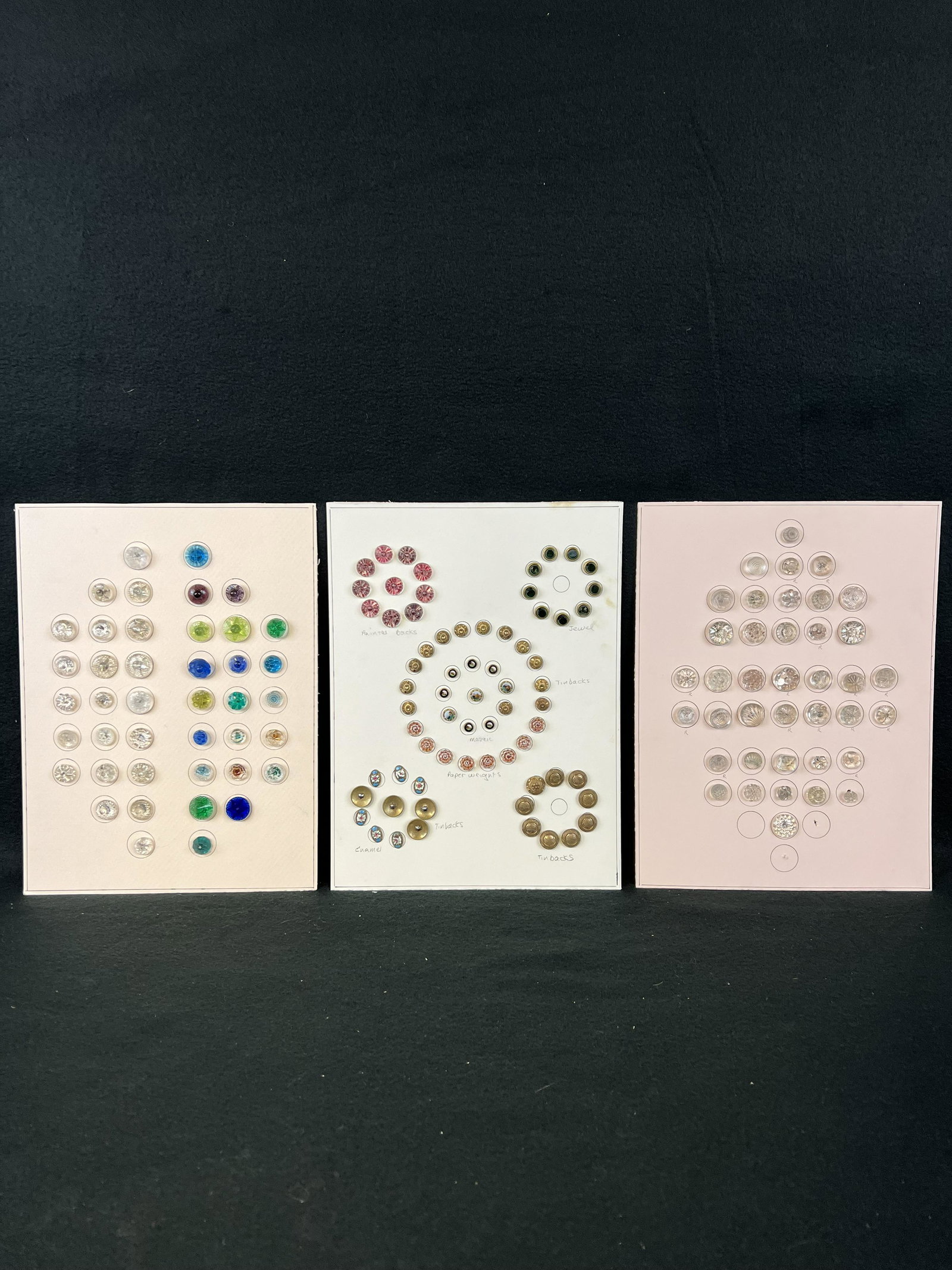 Lot 3 Cards Of 19th Century Buttons To Include Micro Mosaics , Paperweights, Molded Glass Etc.: A lot of three cards of various 19th century buttons to include some micro mosaics, paperweights, tinbacks, enamel, painted backs and jewels all in nice condition.