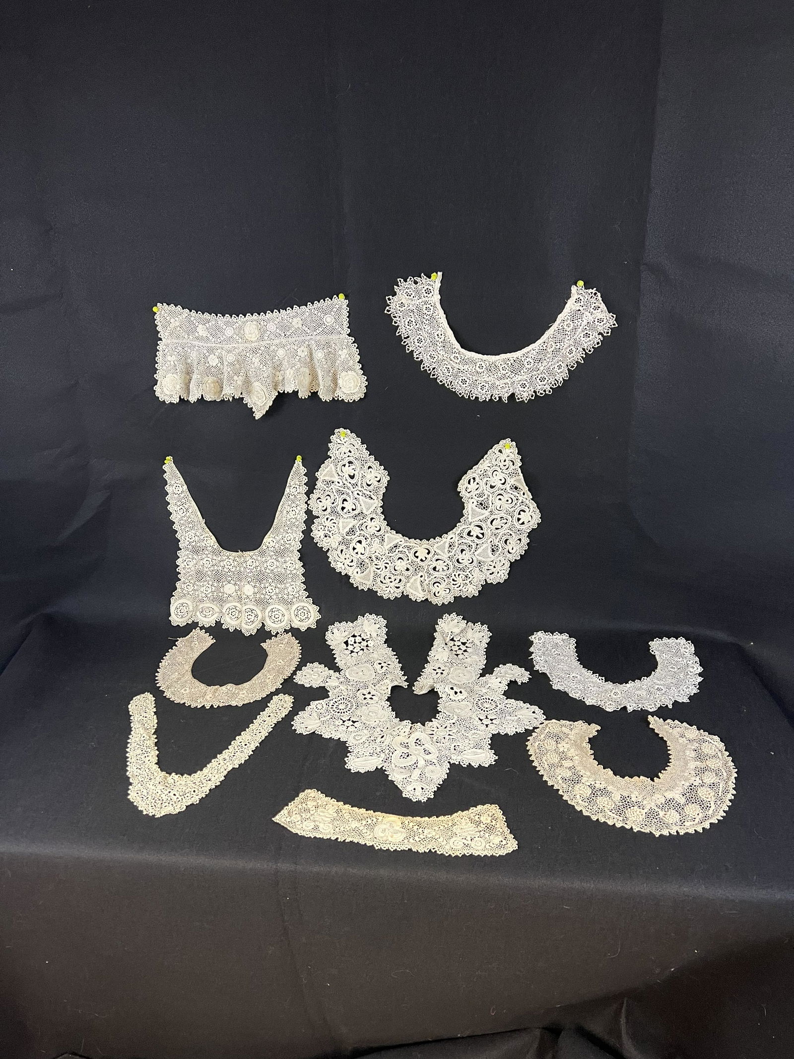 Victorian Lace Lot: Victorian Lace Lot consisting of 9 ornate (intricate) lace collars (Irish Crochet) and 1 cuff, there is some age staining. Wonderful for your collection, reenactments or adding to Victorian clothing!